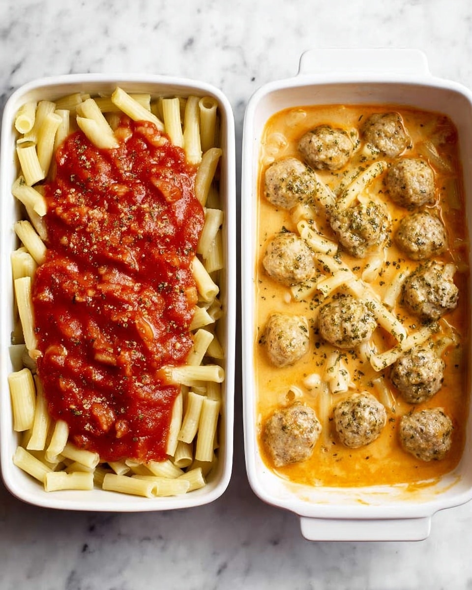 The image shows two white rectangular dishes on a white marbled surface. The left dish has a base layer of pale yellow pasta shaped like small tubes spread evenly. On top, there is a thick layer of bright red tomato sauce with visible herbs sprinkled on it, giving it a speckled green appearance. The right dish shows the same white rectangular dish filled with a creamy orange sauce that covers small round meatballs and pasta pieces partially visible beneath the sauce. The meatballs are light brown and scattered evenly across the surface, with some pasta showing through the sauce. photo taken with an iphone --ar 4:5 --v 7