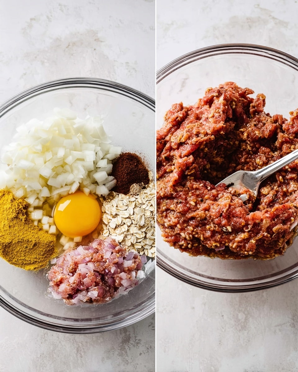 The image shows two clear glass bowls on a white marbled surface, each with different stages of food preparation. The left bowl contains separate layers arranged in a circle: chopped white onions, raw ground meat with a pink color, a cracked egg with yellow yolk and white, mustard in yellow, a dark brown sauce, white and beige oats, and various spices in light and dark brown shades. The right bowl shows the same ingredients mixed together to form a textured, reddish-brown meat mixture with small visible pieces of onion and oats, and a silver fork resting inside the bowl. Photo taken with an iphone --ar 4:5 --v 7
