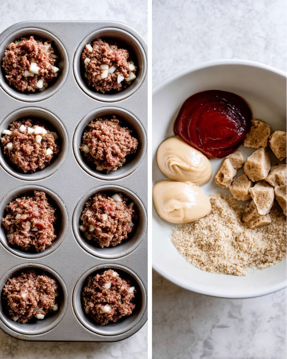 The image shows two parts: on the left, a silver muffin tray with twelve compartments, each filled with a rough, uneven mixture of ground meat and small white pieces of onion, slightly mounded in each cup. On the right, a white bowl contains four ingredients in separate piles: a dark red thick sauce at the back, two dollops of light beige smooth paste placed center-top, and two clusters of light brown soft sugar, one large cracked chunk on the right side and a smaller pile on the left bottom. Both parts are placed on a white marbled surface. photo taken with an iphone --ar 4:5 --v 7