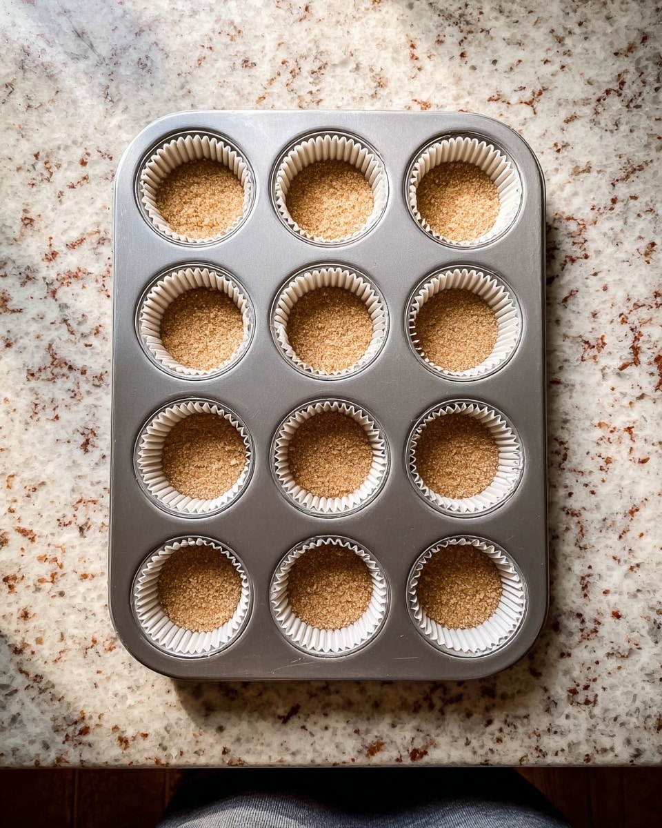 A silver muffin tray holds twelve white paper liners, each filled with a thin, even layer of fine, light brown crumbs at the bottom. The tray rests on a white marbled textured countertop with subtle gray and reddish specks, under soft natural light that casts gentle shadows across the scene. The image is taken from above, showing the full tray centered on the countertop, with a bit of a person's gray shirt visible at the bottom edge. photo taken with an iphone --ar 4:5 --v 7
