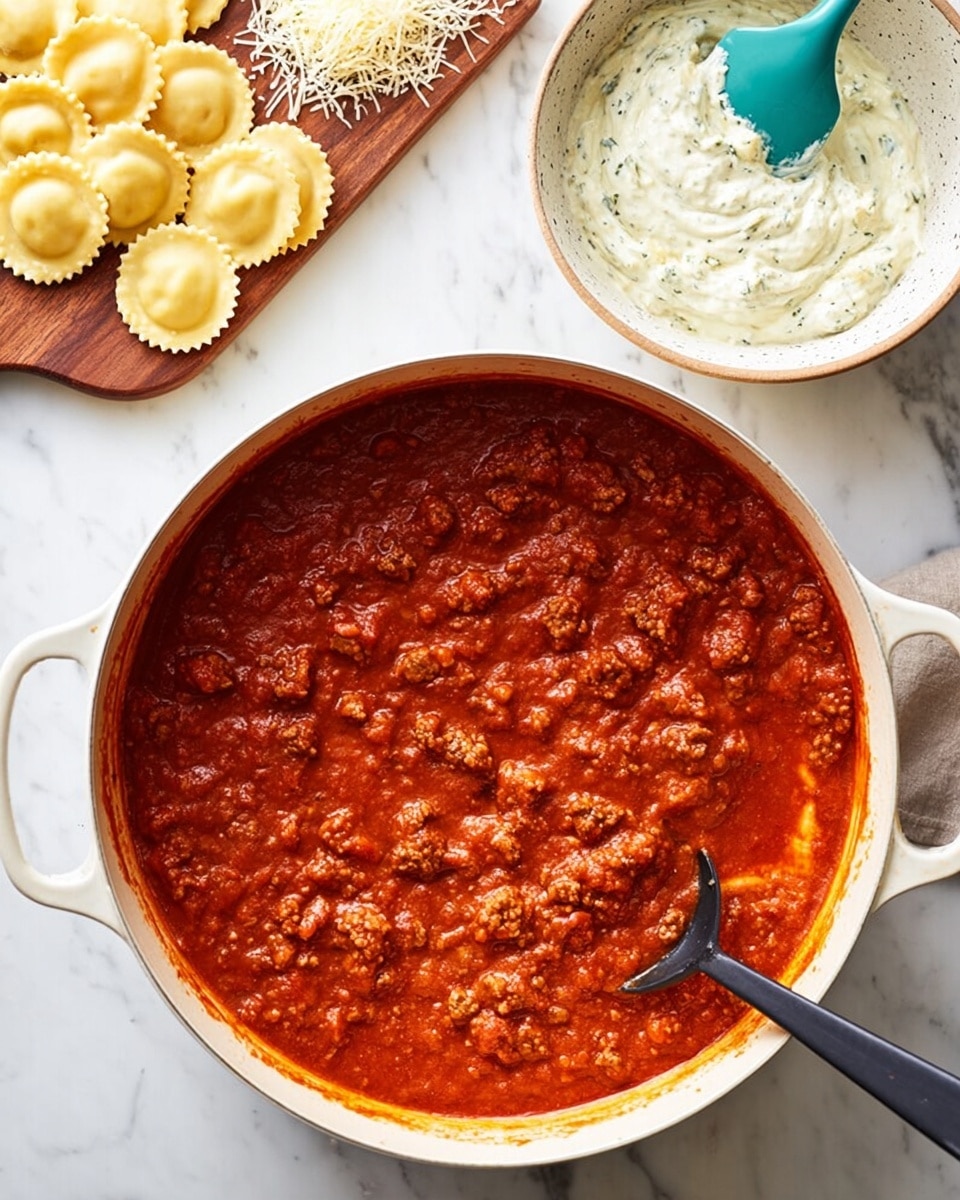 A large white pot filled with thick red tomato sauce mixed with small browned meat pieces sits on a white marbled surface. A black spoon is resting inside the pot, partially submerged in the sauce. To the upper left, there is a wooden board with pale yellow uncooked round ravioli stacked unevenly, next to a small pile of shredded white cheese. In the upper right, a speckled white bowl holds a creamy white sauce mixed with green herbs, with a turquoise spatula resting inside it. The scene is bright and clean, showing fresh and ready-to-cook ingredients. photo taken with an iphone --ar 4:5 --v 7