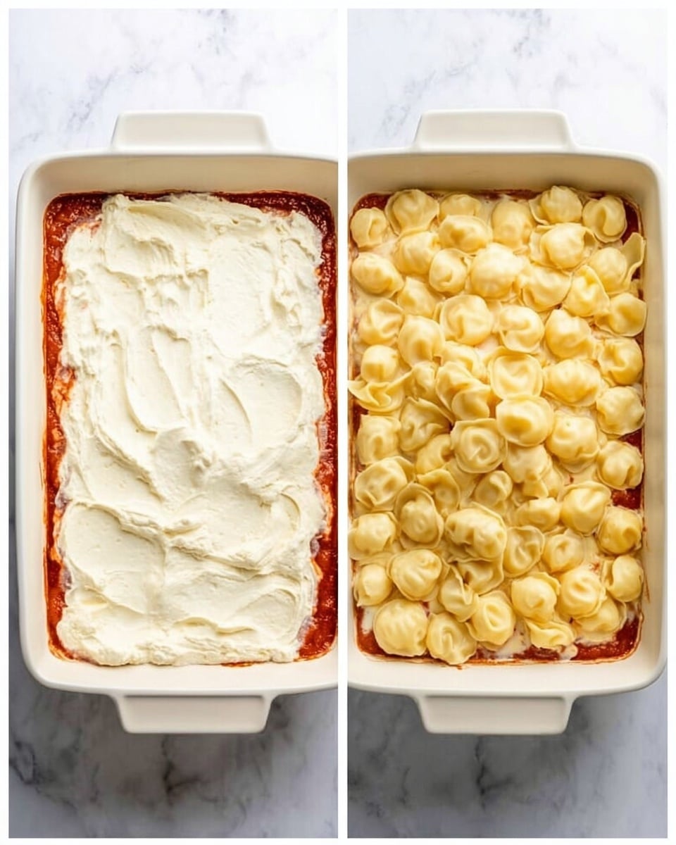 The image shows two photos side by side of a white rectangular baking dish on a white marbled surface. On the left, the dish has a thick, creamy white layer spread evenly on top of a red sauce layer underneath, giving a soft and smooth texture. On the right, the same dish shows many small, rounded, light yellow pasta pieces tightly packed over the layers below, with each piece slightly shiny and having a smooth surface. The background is a white marbled texture in both photos. photo taken with an iphone --ar 4:5 --v 7