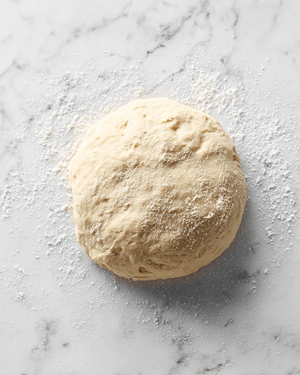A rounded dough ball with a light beige color and slightly rough texture sits on a white marbled surface. It has a light dusting of flour on top and around its base, giving it a slightly powdery look. The dough looks soft and ready to be rolled or shaped, with small bubbles and unevenness visible on its surface, indicating it has risen. photo taken with an iphone --ar 4:5 --v 7