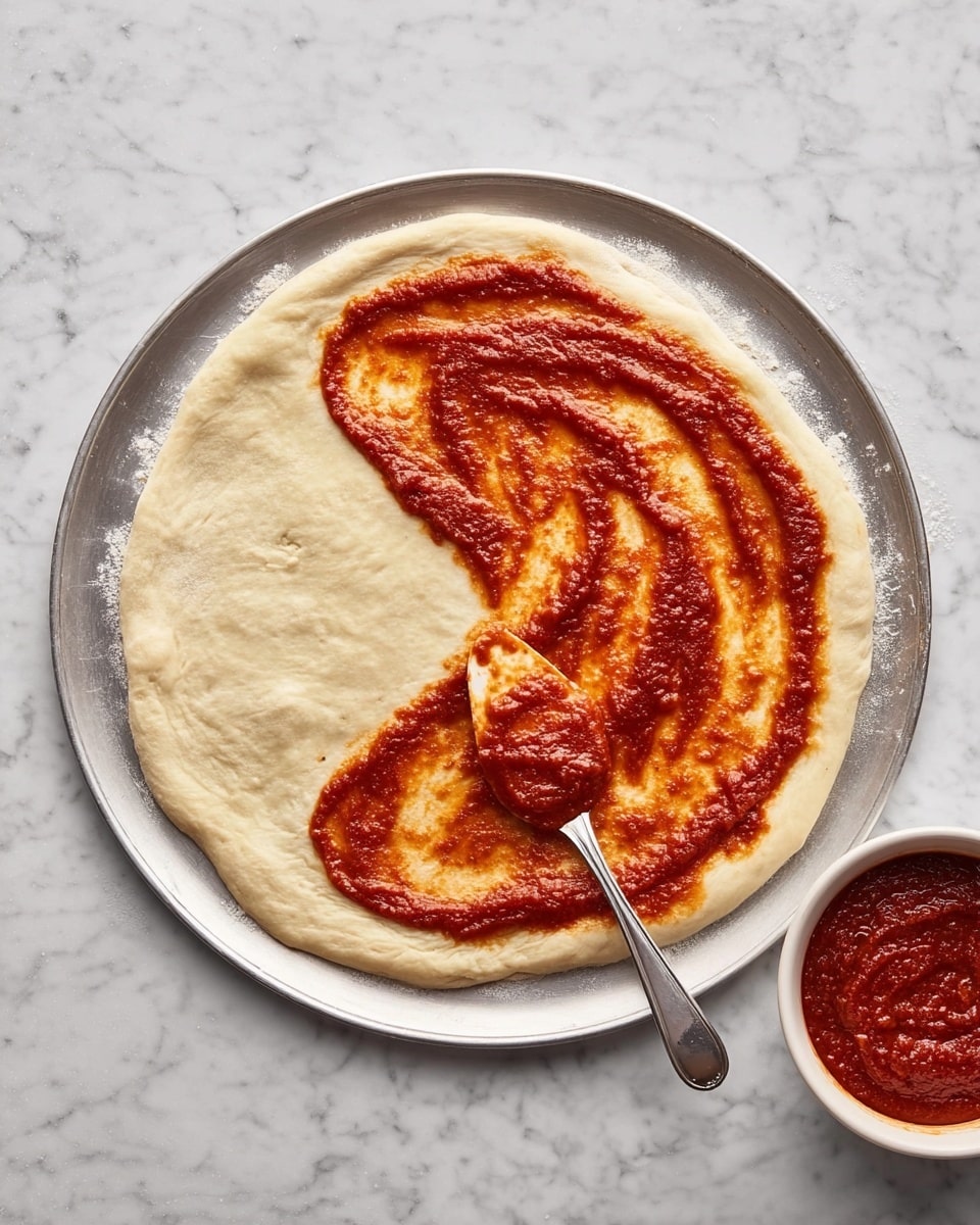A round pizza dough sits flat on a silver tray, covering most of it with its pale beige color and smooth texture. One half of the dough is being spread with a thick, rich red tomato sauce that has a slightly coarse texture, showing streaks and swirls as it is spread with a silver spoon resting near the center. To the right side of the tray, there is a small white bowl filled with more tomato sauce. The whole scene is set on a white marbled surface. photo taken with an iphone --ar 4:5 --v 7