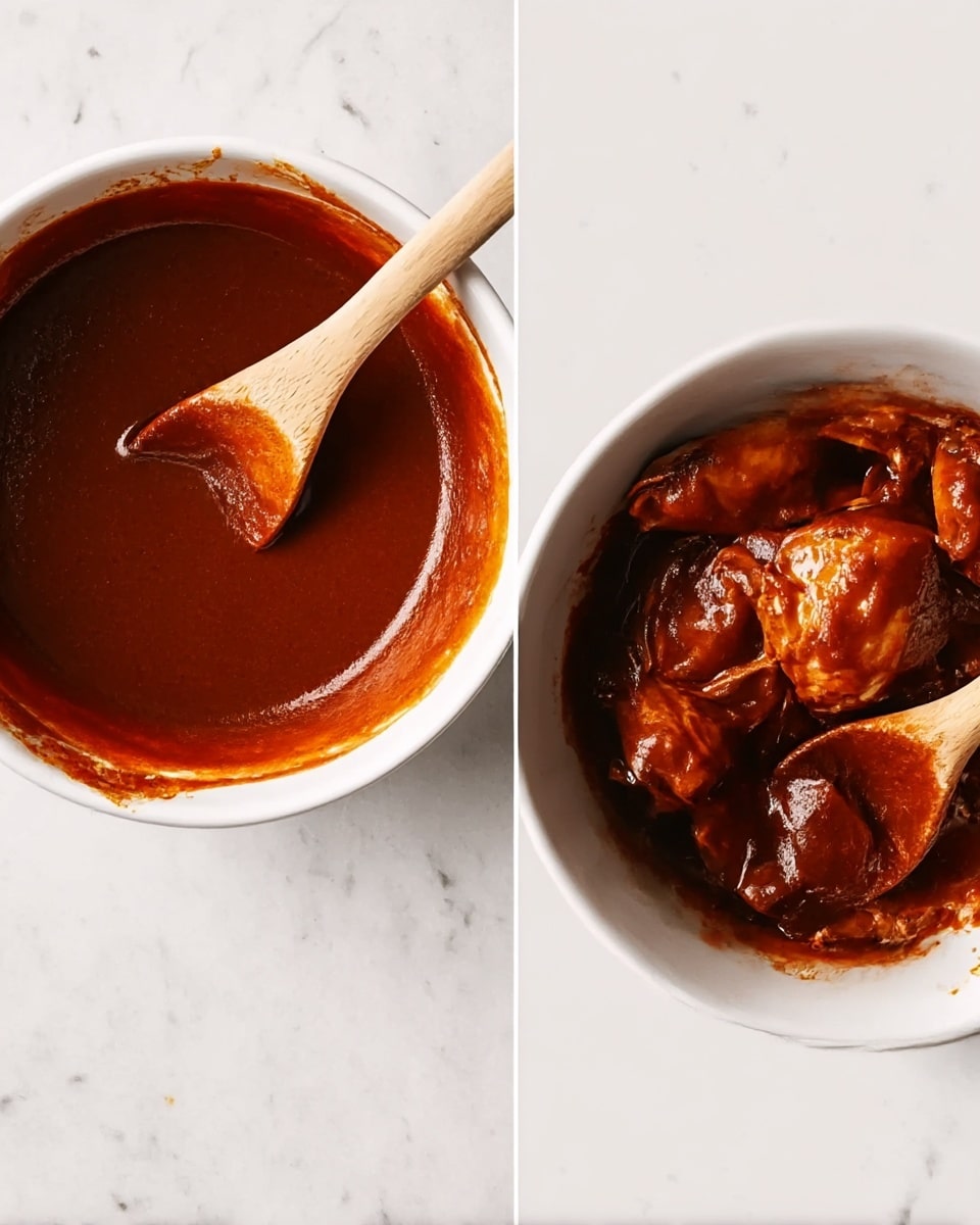 The image shows two white bowls placed side by side on a white marbled surface. The left bowl contains a thick, smooth, dark reddish-brown sauce with a wooden spoon resting inside, partially covered in sauce, and some sauce spread around the bowl's edge. The right bowl holds several pieces of chicken fully covered in the same rich sauce, with another wooden spoon inside, coated in sauce. The texture of the sauce is shiny and thick, and the chicken pieces are well coated and slightly glossy. Photo taken with an iphone --ar 4:5 --v 7