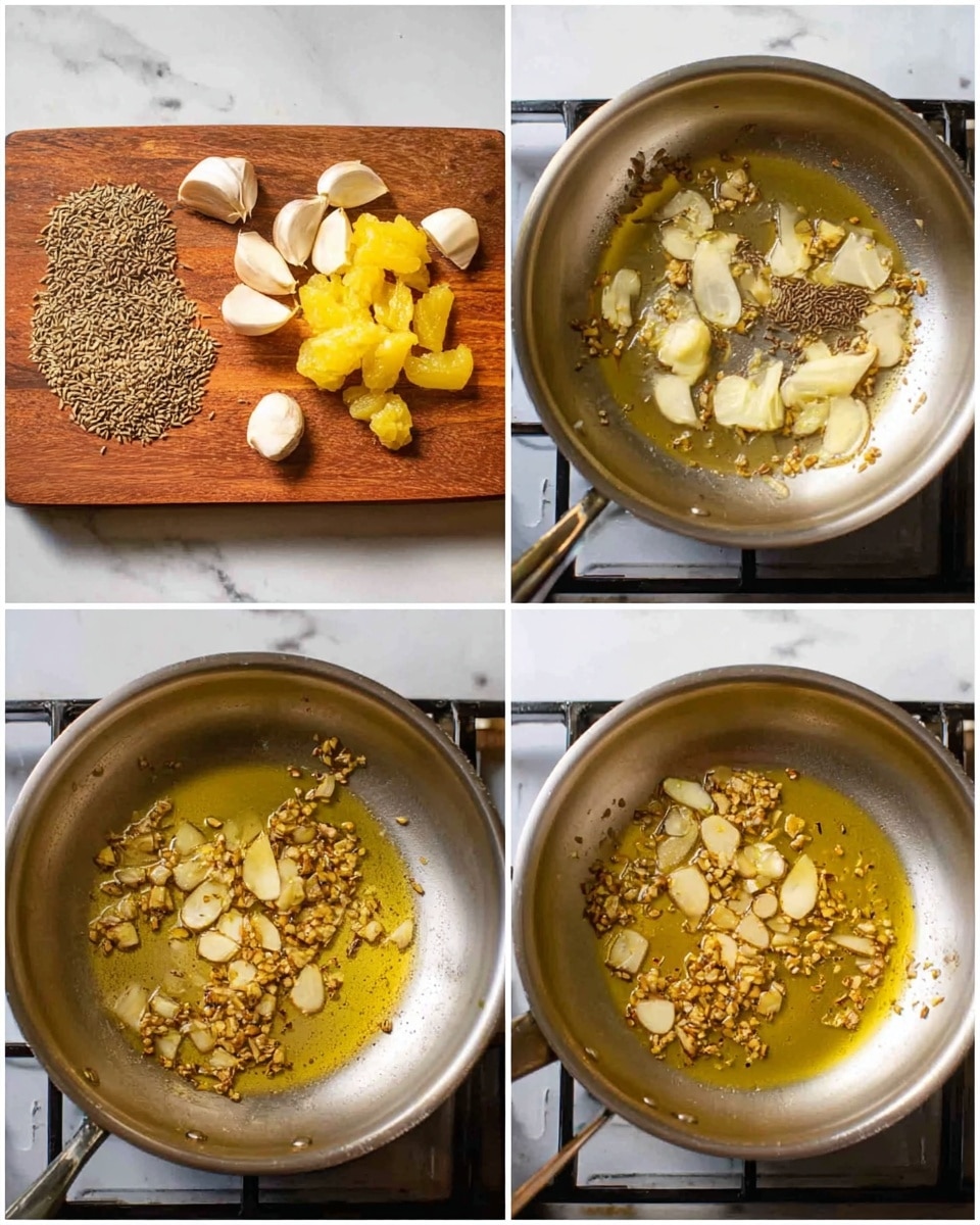 The image shows a four-part collage. The top left part displays a wooden cutting board on a white marbled surface, with three groups of ingredients: caraway seeds, sliced garlic cloves, and yellow lemon peels arranged side by side. The other three parts show a round silver pan on a stovetop with olive oil and ingredients cooking. The top right part shows the pan with caraway seeds and garlic slices in warm oil. The bottom left part shows the garlic starting to turn a light golden brown, mixing with the spices in the oil. The bottom right part shows the garlic becoming a deeper golden brown, with lemon peels and spices evenly spread in the oil. The background is a white marbled surface, and the cooking looks warm and close-up photo taken with an iphone --ar 4:5 --v 7
