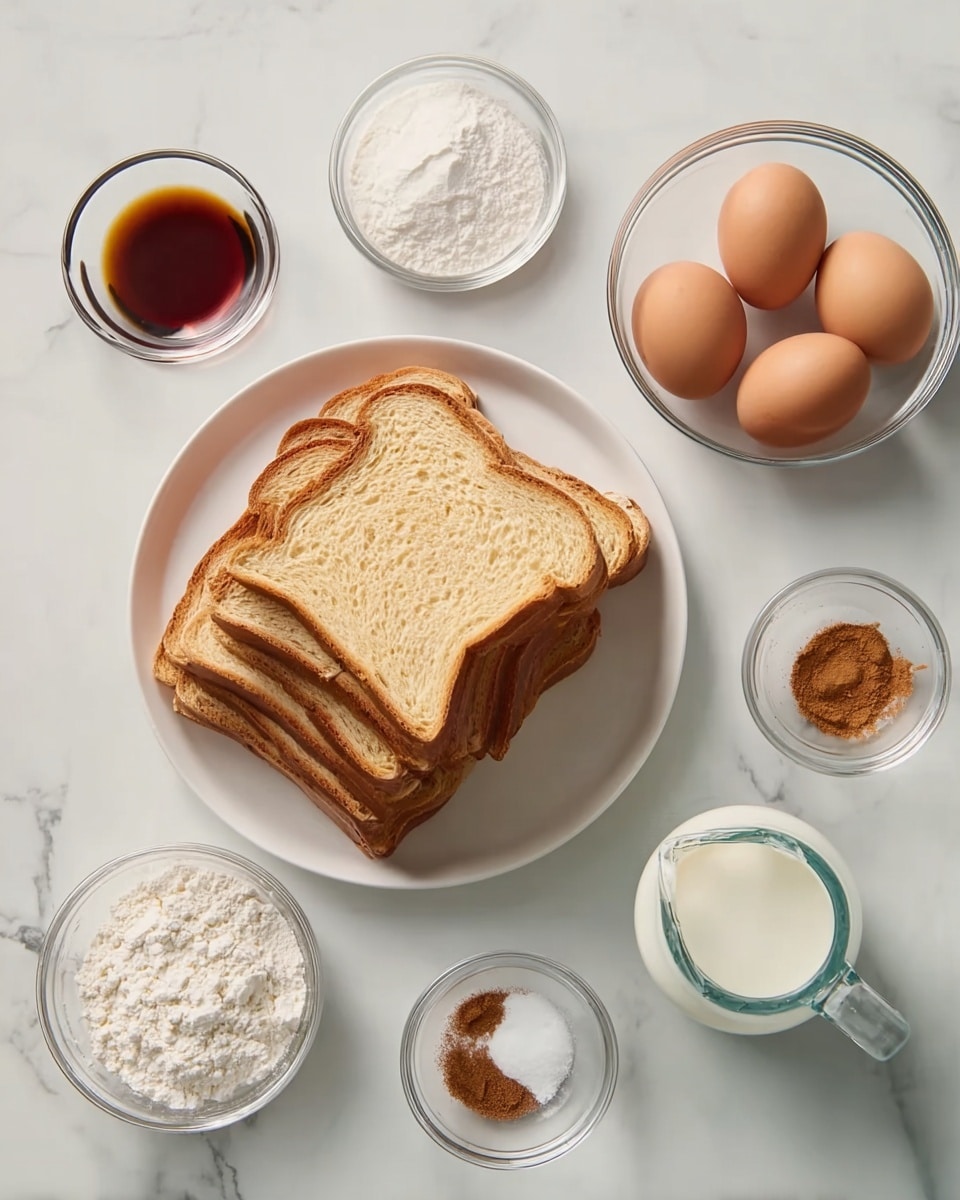The image shows a white plate with eight slices of light brown bread stacked in two piles, placed on a white marbled surface. Around the plate are several glass bowls and a measuring cup. One bowl has three brown eggs, another holds a small amount of dark brown liquid, a third contains white flour, another with a small heap of cinnamon powder, one with white granulated sugar, and a tiny bowl holding a small amount of white salt. The measuring cup is transparent and filled halfway with white milk. The arrangement is neat and spaced evenly. photo taken with an iphone --ar 4:5 --v 7