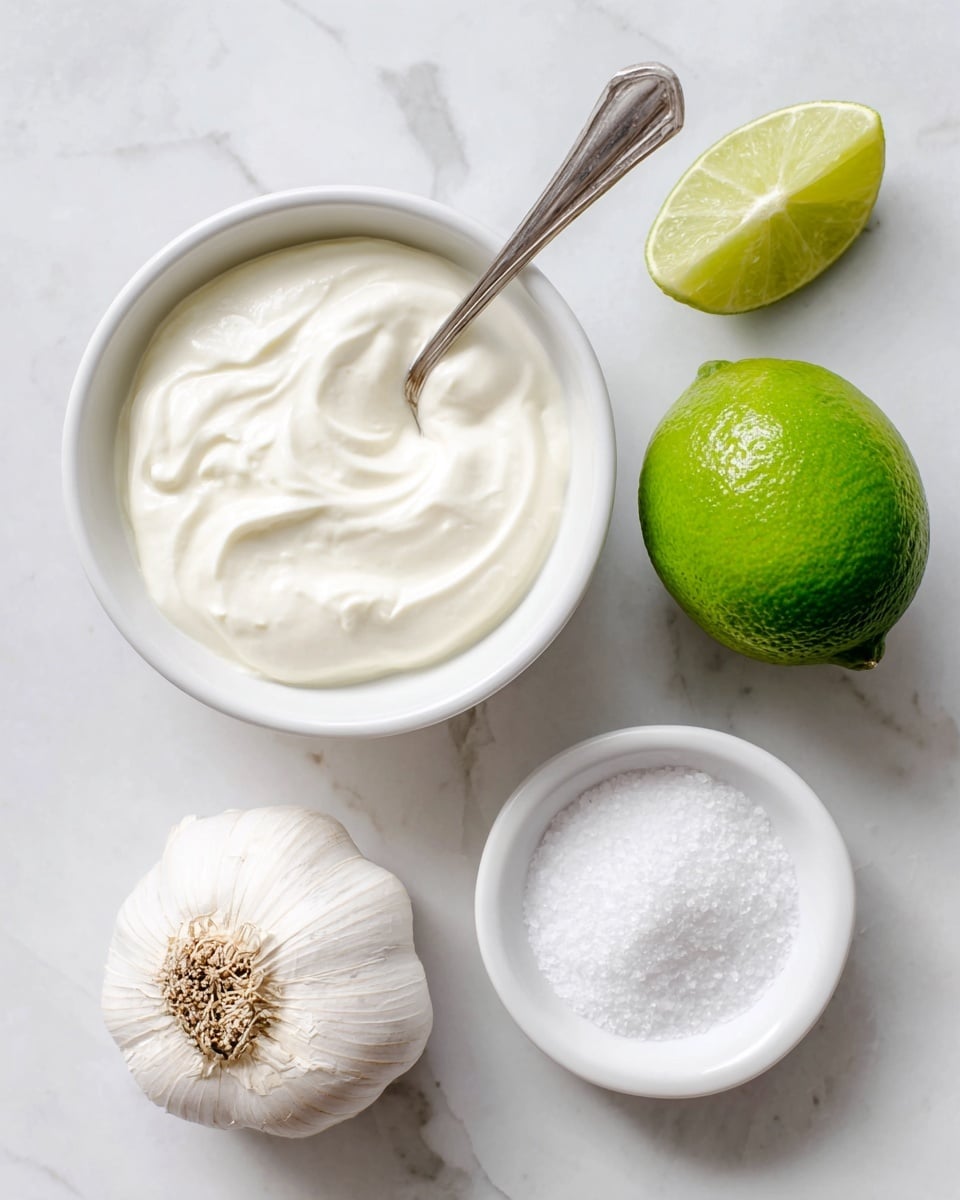 A white bowl filled with smooth, thick white Mexican crema sits near the top left, with a silver spoon resting inside it. To the right of the bowl is a whole bright green lime with a shiny surface. Below the bowl is a bulb of white garlic showing its papery outer skin. At the bottom right is a small white bowl filled with fine white salt. All items are placed on a white marbled surface. Photo taken with an iphone --ar 4:5 --v 7