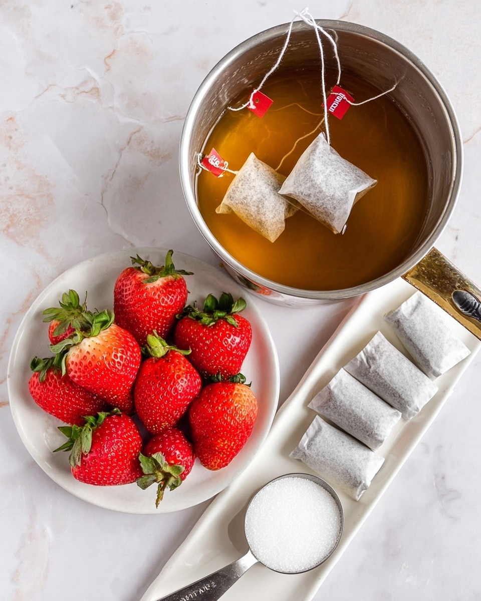 A white round plate filled with fresh whole strawberries with green leaves sits on a white marbled surface, next to a silver saucepan containing light brown tea with three tea bags steeping inside, their white strings and red tags hanging over the pot edge. Beside the pan, several unused tea bags are neatly arranged on a white rectangular tray, and a silver measuring spoon filled with white granulated sugar rests nearby. Photo taken with an iphone --ar 4:5 --v 7