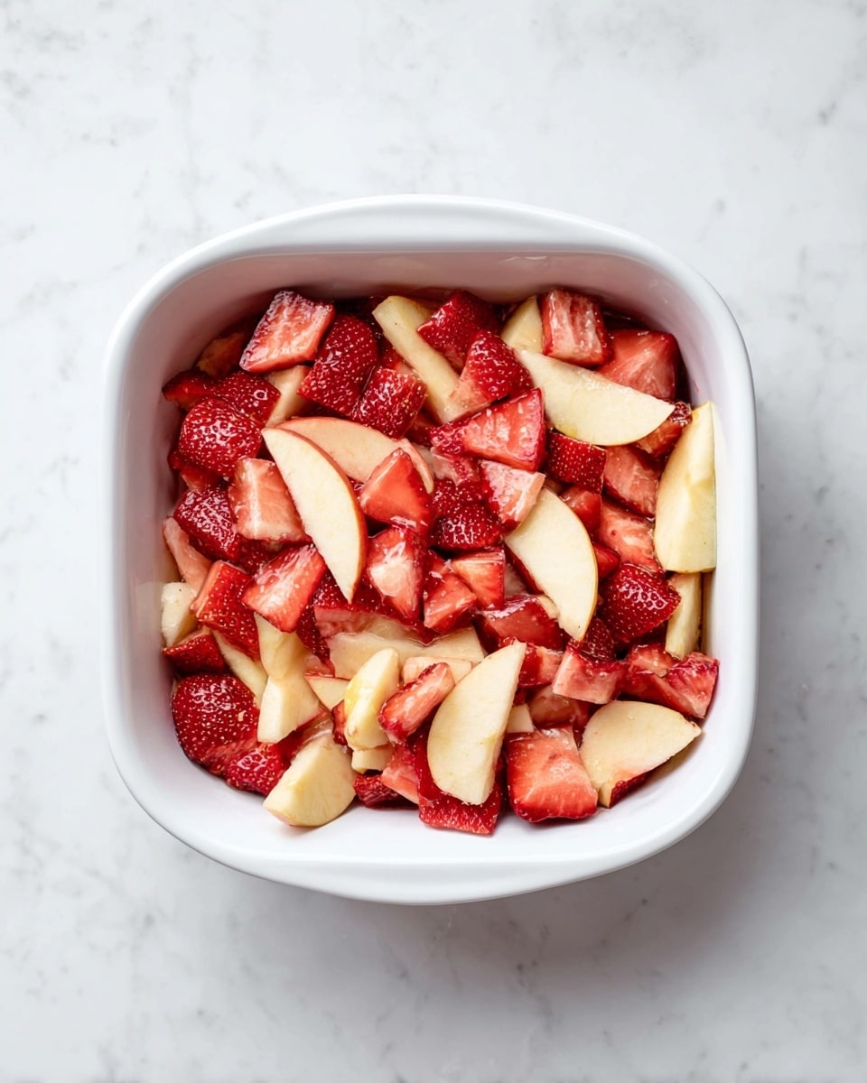 A white square dish filled with a mix of sliced red strawberries and pale yellow apple slices. The strawberries are cut into small triangular pieces, spread evenly on top and interspersed with light yellow apple slices that have a smooth texture. The dish is placed on a white marbled surface, giving a clean, fresh look. The layers of fruit mix closely, showing vibrant red and soft yellow colors side by side. Photo taken with an iphone --ar 4:5 --v 7