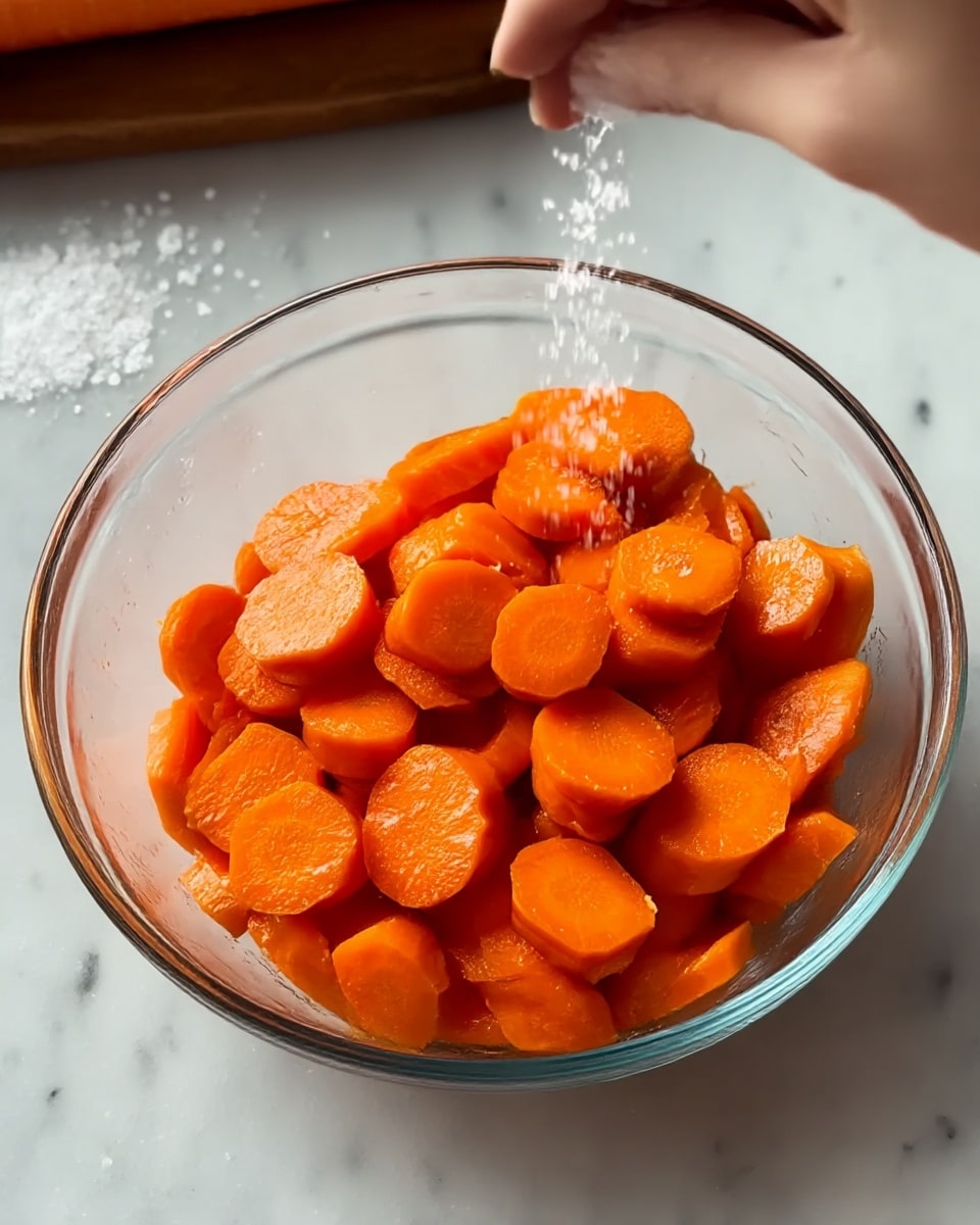 A clear glass bowl is filled with bright orange carrot slices evenly spread inside. The carrot pieces are moist and shiny, showing a fresh texture. At the top right, a woman's hand is slightly blurred as it sprinkles salt over the carrots. The bowl is placed on a white marbled surface with some scattered coarse salt visible in the background. photo taken with an iphone --ar 4:5 --v 7