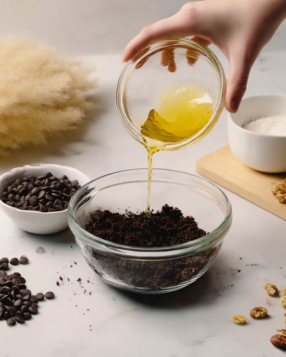 A clear glass bowl sits on a white marbled surface, filled with a dark crumbly layer of chocolate cookie crumbs. A small clear glass bowl is being tilted by a woman's hand above it, pouring a shiny yellow melted butter layer onto the cookie crumbs. To the left, there is a small white bowl filled with dark chocolate chips, with some chips scattered on the white marbled surface nearby. In the background, a beige fluffy decoration is placed on the left side, and on the right side, a white bowl is seen on a light-colored wooden board along with some scattered nuts on the white marbled surface. photo taken with an iphone --ar 4:5 --v 7