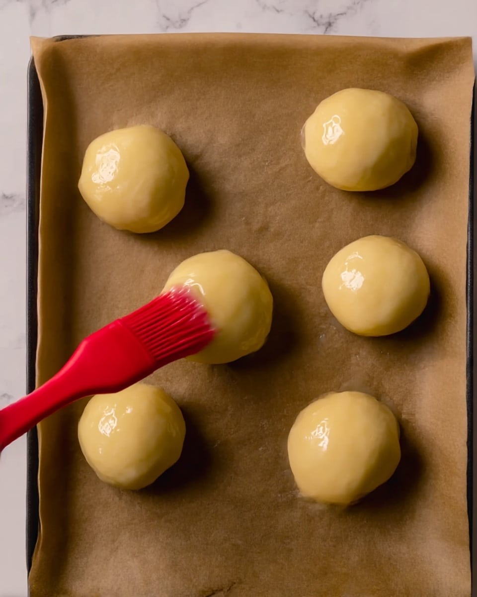 The image shows six round dough balls placed evenly on brown parchment paper, which is set on a baking tray. A woman's hand holding a red brush is spreading a shiny glaze evenly over one dough ball in the lower center. The dough balls are smooth and slightly pale yellow, giving a soft, glossy look from the glaze. The background is a white marbled texture. photo taken with an iphone --ar 4:5 --v 7