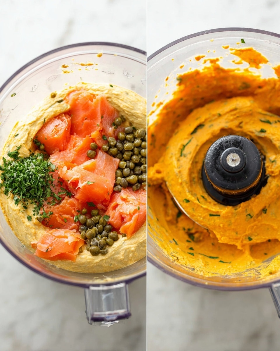 The image shows two clear plastic bowls of a food processor. In the left bowl, there are several layers: a base of thick creamy orange spread, topped with several pieces of bright pink smoked salmon, small green capers, and a pile of chopped green herbs placed near the edge. The right bowl shows the mixture after blending, forming a smooth, thick, orange spread with small green specks throughout. Both bowls are placed on a white marbled surface, and the black blade of the food processor is visible in the center of each bowl. Photo taken with an iphone --ar 4:5 --v 7