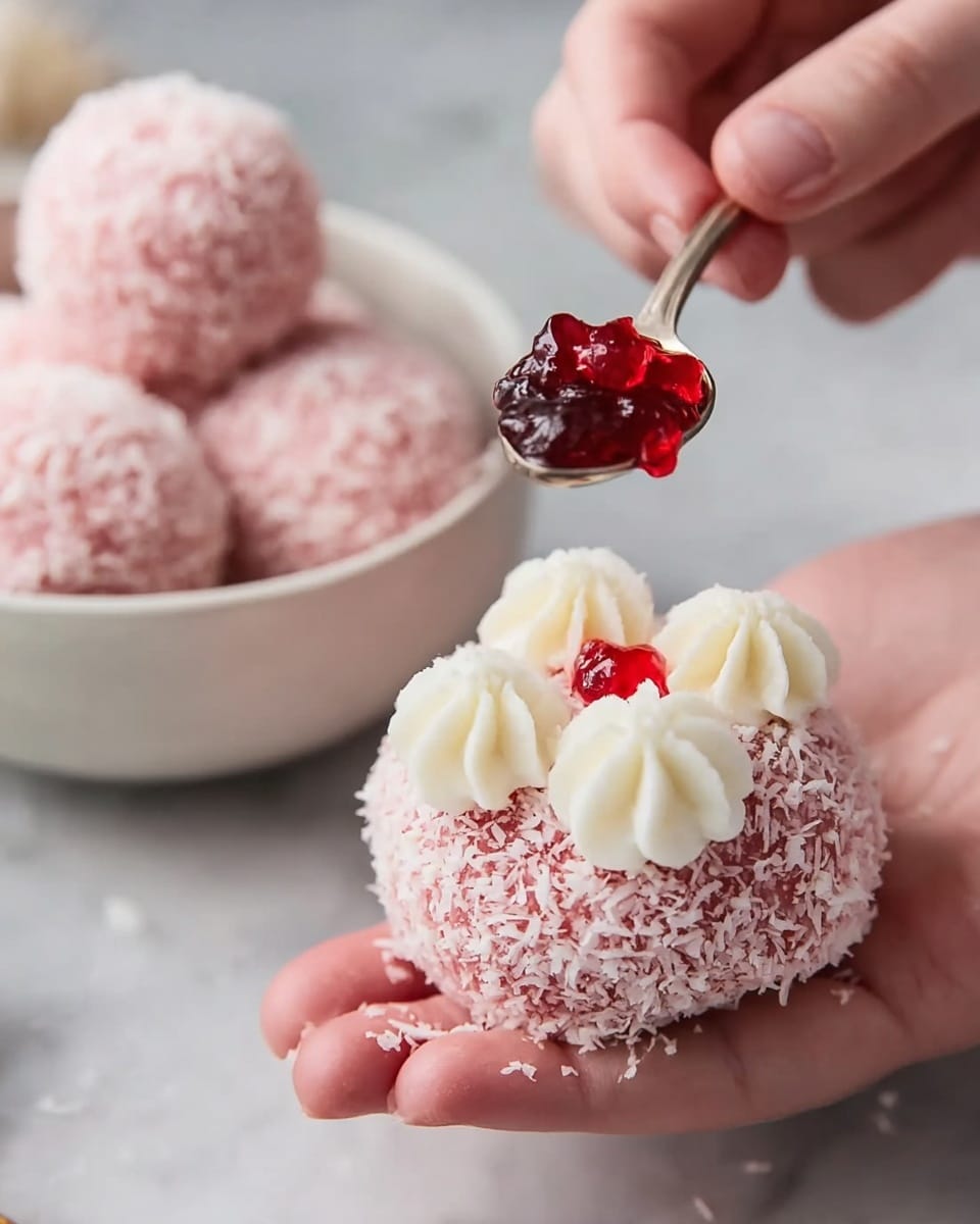 A close-up shows a woman's hand holding a round pink dessert ball coated in shredded coconut. On top, six small white cream dollops sit neatly in a circular pattern. Above the dessert, a spoon holds shiny red jelly being dropped onto the cream. In the background, there is a white bowl with more pink coconut-covered dessert balls resting on a white marbled surface. The scene is bright and focused on the colorful textures of cream, jelly, and coconut. photo taken with an iphone --ar 4:5 --v 7