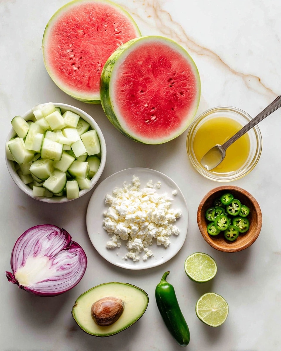 On a white marbled surface, there is a display of fresh ingredients arranged separately. Two large red watermelon halves with green rinds are at the top. To the left, a halved avocado with a large brown seed is placed near a white bowl filled with light green cucumber pieces. Near the center, a small white plate holds a pile of crumbly white cheese. Next to it, a clear glass bowl contains yellow dressing with a spoon inside. At the bottom right, a whole lime and two lime wedges show a bright green color. Nearby, a small wooden bowl contains sliced green chili peppers, with a whole green chili pepper next to it. A half of a purple onion with visible layers rests at the bottom left. The scene is bright and clean, photo taken with an iphone --ar 4:5 --v 7