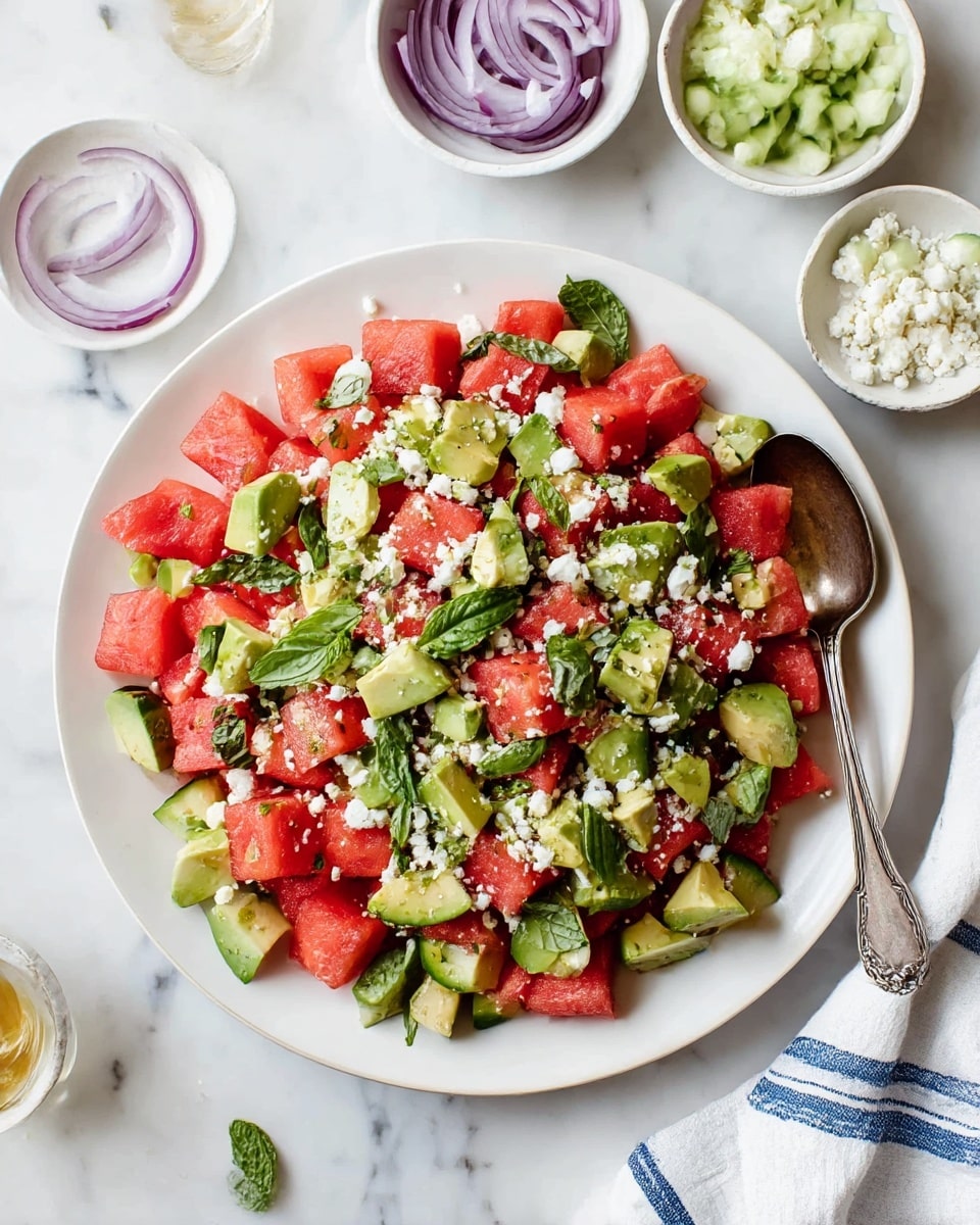 A large white plate holds a colorful salad made of three main layers: bright red watermelon cubes, light green avocado chunks, and dark green basil and mint leaves scattered on top. White crumbled cheese is sprinkled over the salad, adding texture and contrast. The salad sits on a white marbled surface, surrounded by small white dishes holding thin purple onion slices, pale green cucumber pieces, and more white crumbled cheese. A vintage silver spoon rests inside the salad on the right side. A white cloth with blue stripes is placed at the bottom right corner. Photo taken with an iphone --ar 4:5 --v 7