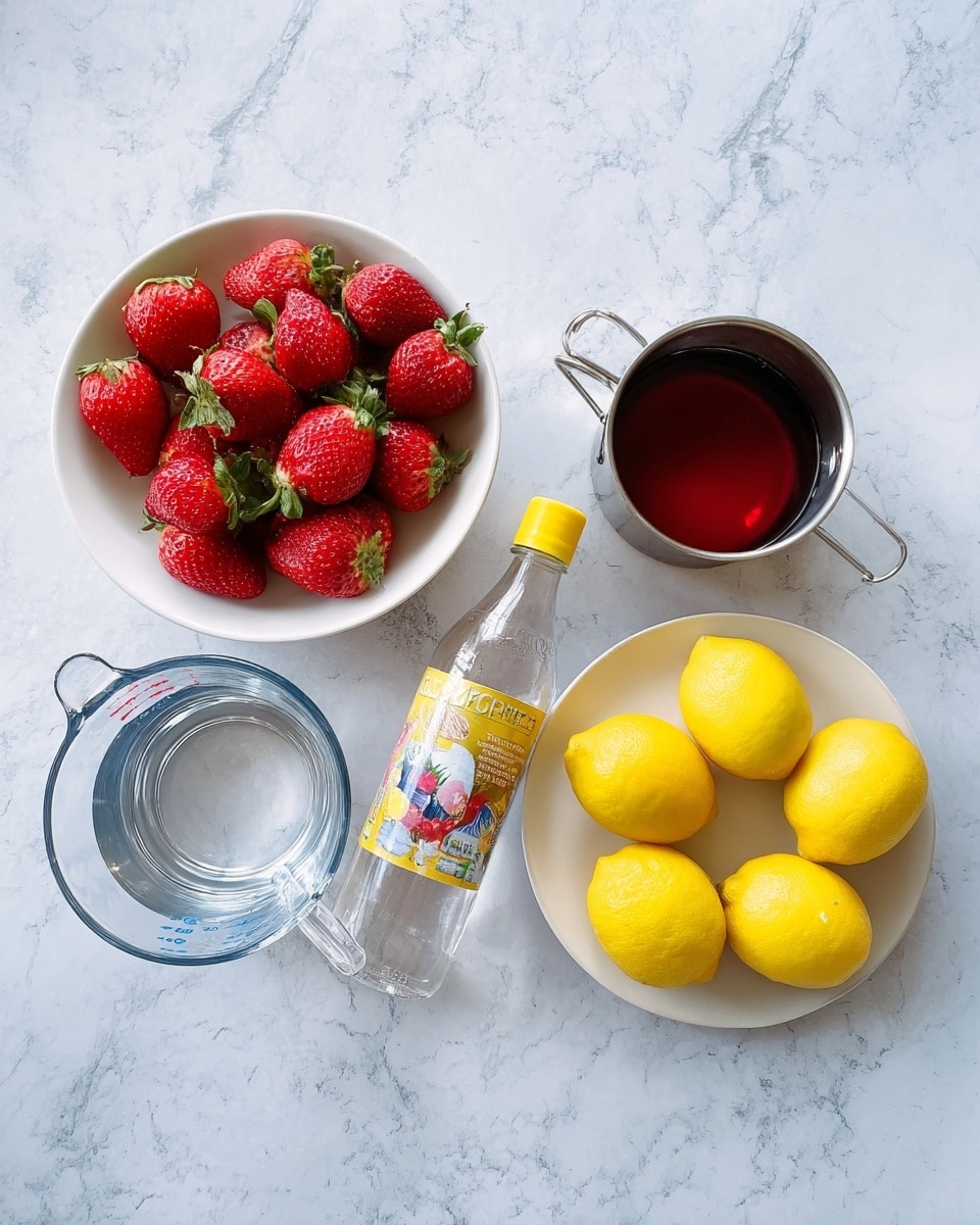 The image shows a white marbled surface with five different items arranged in a loose grouping. There is a white bowl filled with fresh red strawberries with green tops at the top left. A clear glass measuring cup with water inside is placed at the bottom left. To the right of the measuring cup, a clear glass bottle with a yellow cap and a colorful label sits lying down. Above the bottle, there is a small white metal pot filled with a dark red liquid. On the right side, a white plate holds six bright yellow lemons placed closely together. The setup looks clean and bright with natural light. photo taken with an iphone --ar 4:5 --v 7
