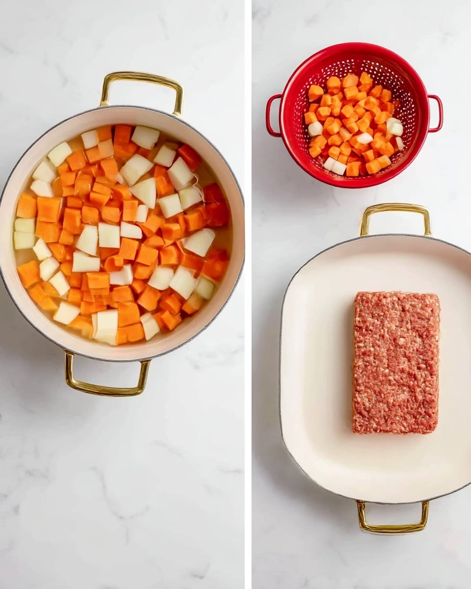 The image shows three side-by-side photos on a white marbled surface. The left photo has a white pot with gold handles filled with water and diced orange carrots and white potatoes floating inside. The middle photo shows the diced carrots and potatoes drained in a red colander, neatly piled up. The right photo displays a white pan with gold handle containing a rectangular raw ground meat patty. photo taken with an iphone --ar 4:5 --v 7