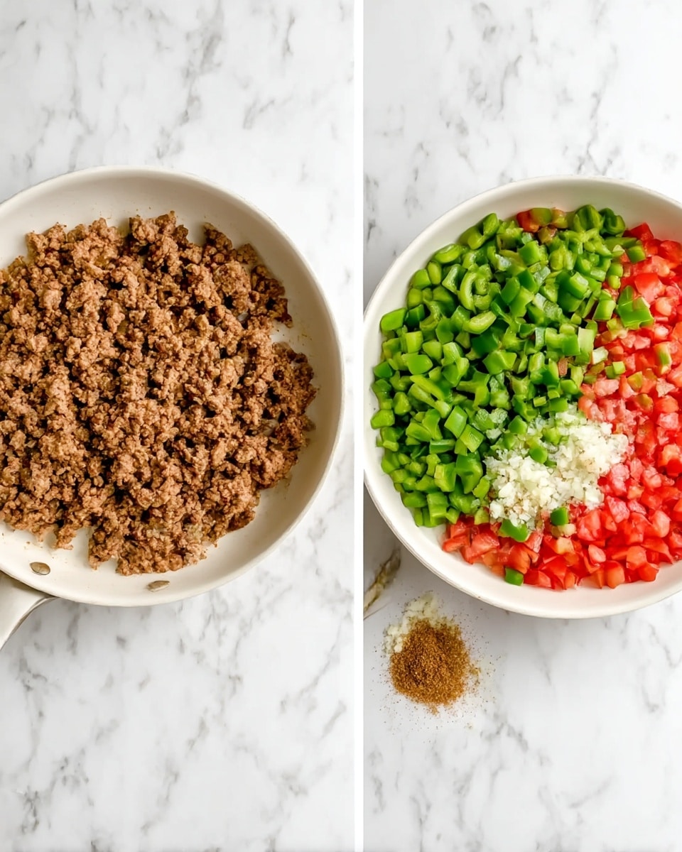 The image shows three white pans placed on a white marbled surface. The first pan contains a single layer of cooked, crumbled brown ground meat spread evenly across the pan. The second pan has three layers: the bottom layer is white, the middle layer consists of chopped green bell peppers, and the top layer has chopped red tomatoes distributed on the right side of the pan. The third pan shows a mix of finely chopped green bell peppers and red tomatoes covering most of the pan, with a layer of white minced or crushed garlic spread lightly on one side, and a small brown paste-like spice concentrated near the middle right area of the pan. Photo taken with an iphone --ar 4:5 --v 7