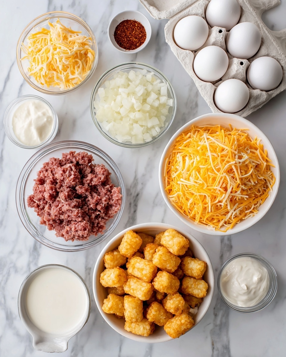 The image shows bowls and a carton with various ingredients on a white marbled surface. There is a carton of six white eggs at the top right. Below the eggs is a small white bowl filled with shredded pepper jack cheese, light yellow with thin strands. Next to it is a larger white bowl full of bright orange shredded cheddar cheese. Below the cheese bowls is another white bowl filled with golden frozen tater tots, round and crispy looking. To the left of the tater tots is a clear bowl containing raw sausage, reddish-pink with a coarse texture. Above this is a white bowl with roughly chopped white onion pieces. Next to the onion are two small white bowls, one holding white heavy cream and the other holding white whole milk. At the top left corner is a tiny white bowl with dark red cayenne pepper powder. The bowls are neatly arranged with clear labels over each ingredient. Photo taken with an iphone --ar 4:5 --v 7
