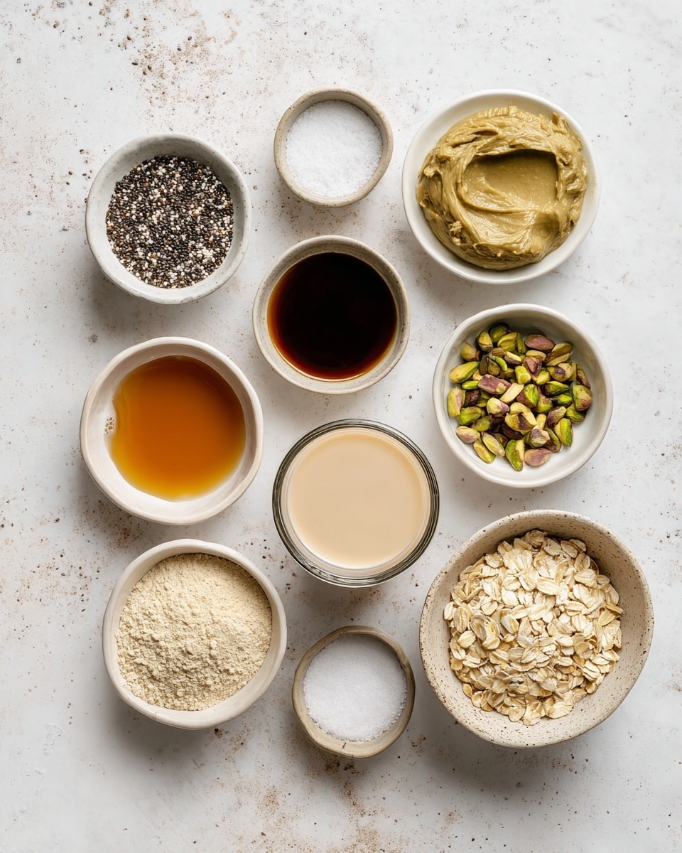 The image shows nine small white bowls arranged on a white marbled texture surface. From top left, there is a bowl with small black and white chia seeds, next to it on the right is a bowl with smooth, thick pistachio butter in a greenish-yellow color. Below the pistachio butter, to the right, is a bowl with dark brown vanilla extract. In the center is a glass bowl with light tan unsweetened almond milk. To the bottom right is a bowl filled with beige rolled oats. Below the almond milk, slightly to the left, is a bowl containing pale vanilla protein powder. To the left of that, there is a bowl with amber-colored maple syrup, and above it to the left is a bowl with chopped green pistachios. Below the maple syrup is a small bowl with white salt. Each bowl is clearly labeled with black text. photo taken with an iphone --ar 4:5 --v 7