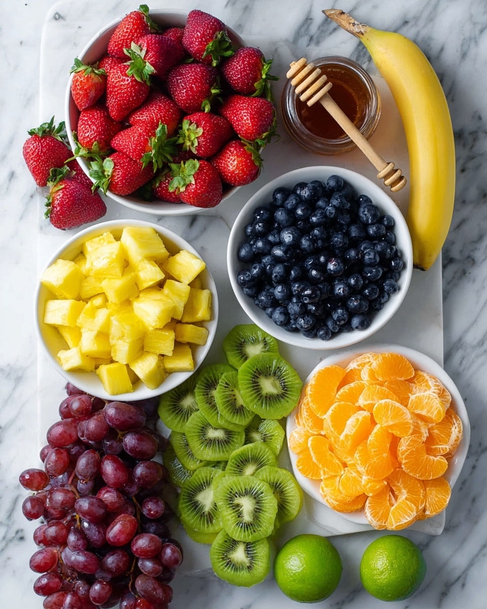 A colorful fruit arrangement on a white marbled surface shows six groups: a pile of bright red strawberries with green leaves at the top left; a white bowl in the center filled with small yellow pineapple cubes; a white bowl at the bottom right filled with dark blue blueberries with a few spilled outside; a group of reddish-purple grapes at the bottom left; a white plate near the top right filled with bright orange tangerine slices arranged in layers; several green whole and sliced kiwis near the tangerine plate; three yellow bananas lying near the pineapple bowl; two whole green limes, one halved, placed beside the kiwis; and a small glass jar with honey at the top right with a wooden honey dipper resting on it. Photo taken with an iphone --ar 4:5 --v 7