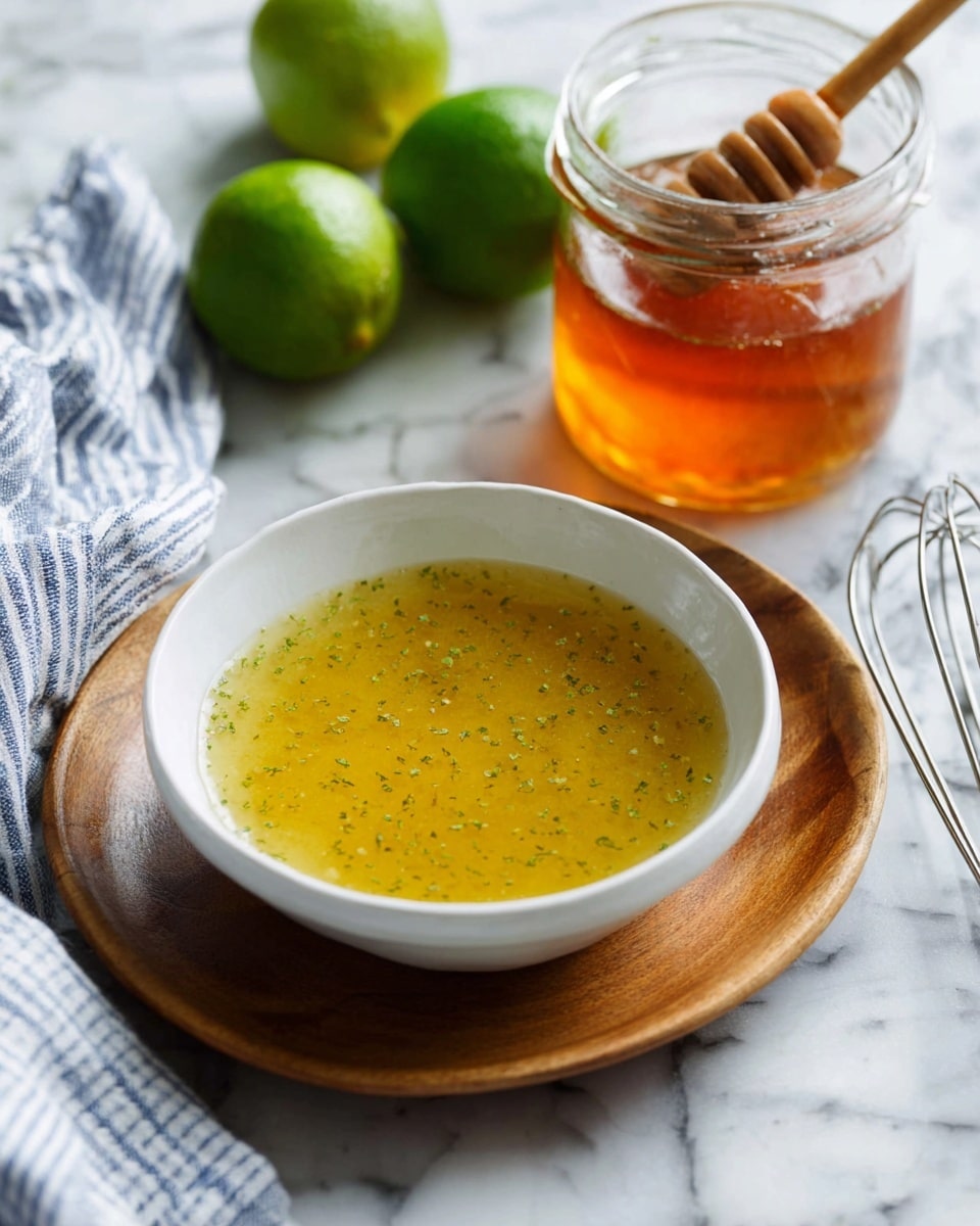 A white bowl with a smooth, yellow-green liquid with fine green specks floating inside, placed on a wooden round tray, sits on a white marbled surface. Behind the bowl, there is a clear glass jar filled with amber-colored honey and a wooden honey dipper inside, next to whole and squeezed green limes. A striped blue and white cloth is draped to the left of the bowl, and a small metal whisk lies on the right side on the marble surface. Photo taken with an iphone --ar 4:5 --v 7