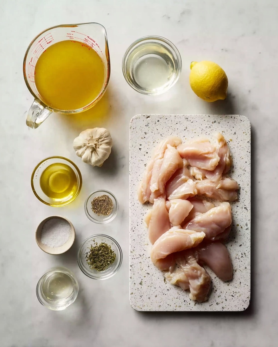 The image shows raw chicken strips neatly placed in a single layer on a white cutting board with a speckled pattern, located on the right side of the frame on a white marbled surface. On the left side, there are seven glass bowls and measuring cups arranged in a roughly circular pattern, each holding different ingredients: a large measuring cup filled with yellow broth at the top left, a smaller measuring cup with clear olive oil to the upper middle left, a whole lemon just above center, two garlic cloves in a small bowl beneath the olive oil, herbs in a small bowl below the broth, salt and pepper in small bowls near the bottom center, and a measuring cup with a clear liquid, likely lemon juice, at the bottom left. Everything is neatly spaced and the colors are muted with a natural light coming from above. Photo taken with an iphone --ar 4:5 --v 7