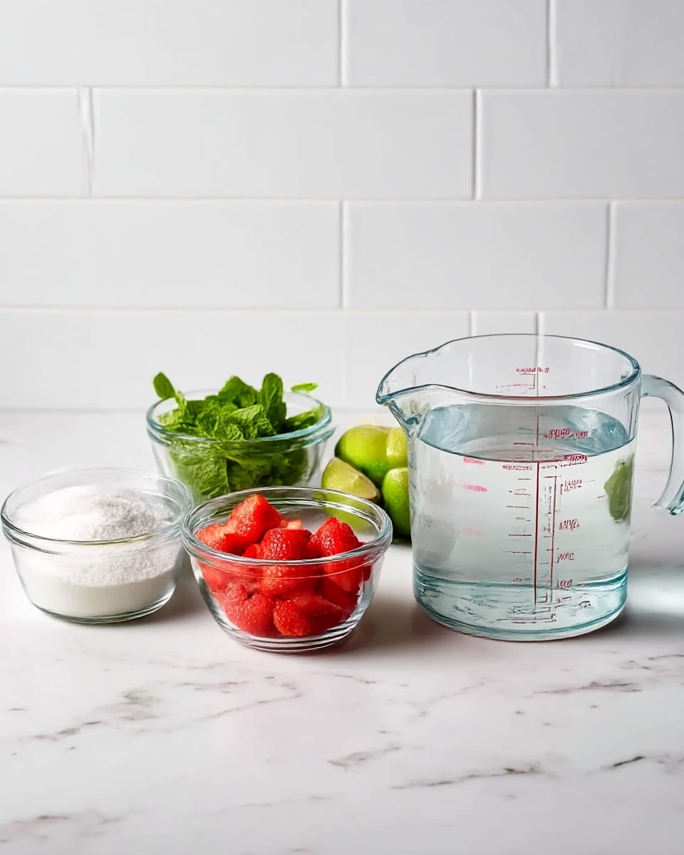 The image shows five clear glass containers arranged on a white marbled surface with a white tiled background. From left to right, there is a small bowl of white granulated sugar, a small bowl with fresh green mint leaves, a small bowl filled with lime wedges, a medium glass measuring cup filled with chopped red strawberries, and a larger glass measuring cup filled with clear water. The containers are all transparent, showing the contents clearly, and the colors include bright red from the strawberries, vibrant green from the mint and lime, and pure white from the sugar and background elements. photo taken with an iphone --ar 4:5 --v 7