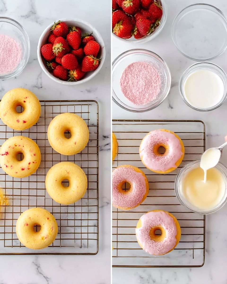 The image shows two side-by-side photos of a baking cooling rack on a white marbled surface. On the left side, the cooling rack holds six plain yellow doughnuts with small bits of fruit visible inside. Above the rack is a white bowl filled with bright red strawberries, and next to it, a clear glass bowl with pink powder inside. To the right of the glass bowl is a small white cup filled with white icing. The right side of the image shows the same cooling rack now holding five doughnuts; four have been partly coated with a pale pink glaze on the top side, and one is plain. Above the rack is the same white bowl of strawberries, and the clear glass bowl now contains a yellow doughnut dipped halfway in the pale pink glaze. A woman’s hand is holding a spoon, dipping the doughnut in the glaze. The background throughout is a white marbled surface. photo taken with an iphone --ar 4:5 --v 7