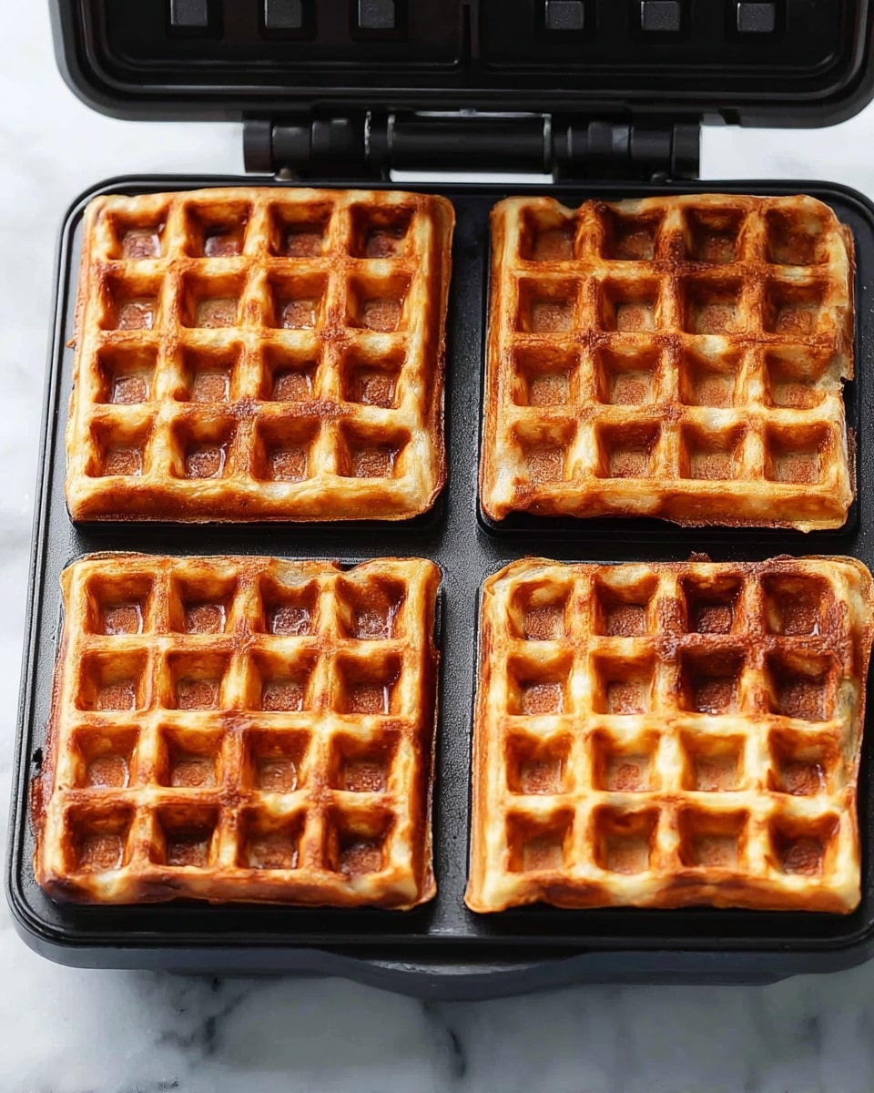 Four golden brown waffles are cooking in a black waffle maker, each waffle square showing a crisp texture with small pockets. The waffles are evenly spaced, with slightly crispy edges curling along the sides. The background shows a white marbled surface, contrasting with the dark waffle iron. The lighting is natural, making the waffles look warm and fresh. photo taken with an iphone --ar 4:5 --v 7