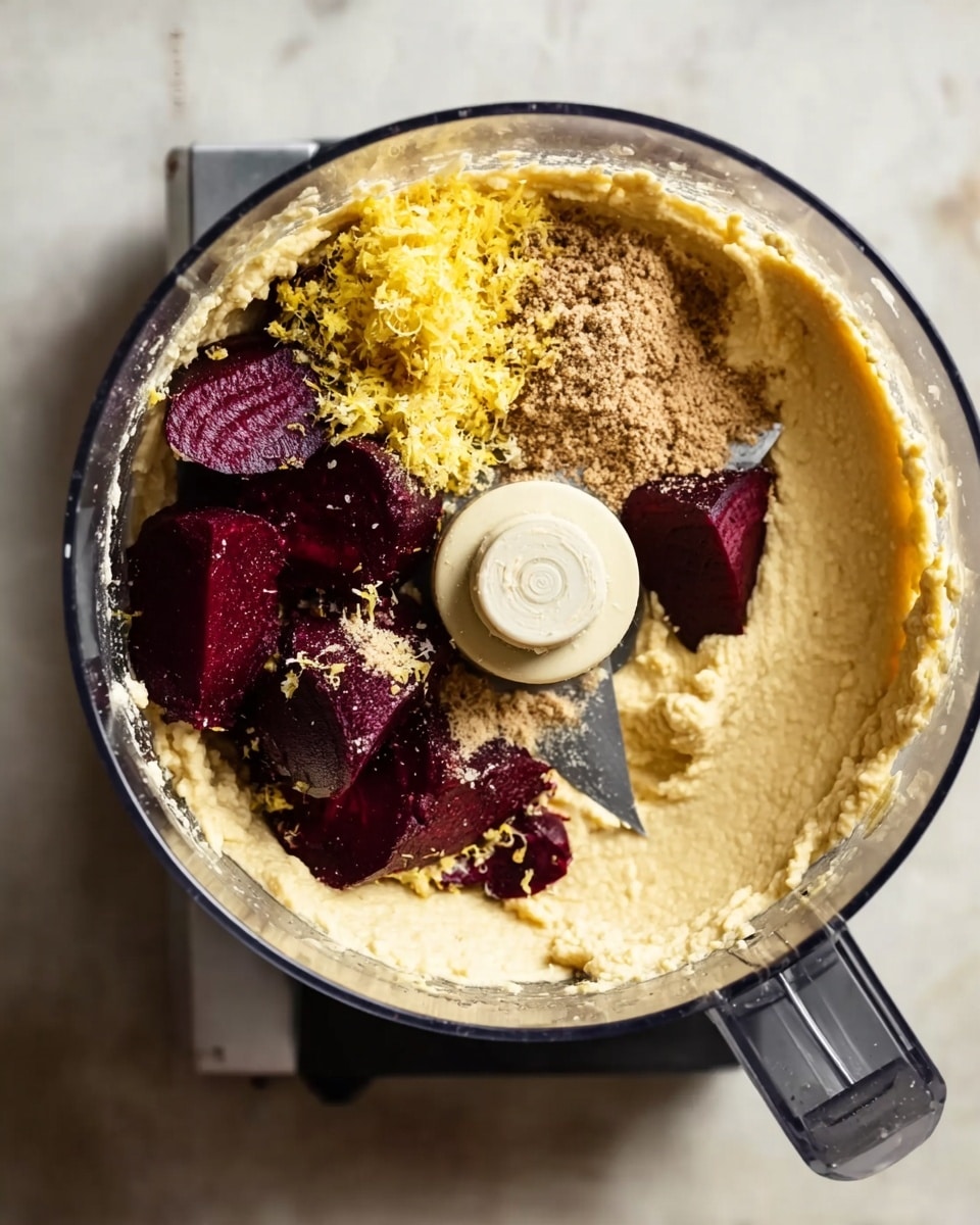 The image shows a close top view of a food processor bowl filled with light yellow, creamy hummus around the edges. Inside the bowl's center are several deep purple beet chunks, a small pile of pale yellow lemon zest, and a sprinkle of brownish ground spices. The clear lid of the food processor and its sharp metal blade are visible among the ingredients. The food processor sits on a white marbled surface. Photo taken with an iphone --ar 4:5 --v 7