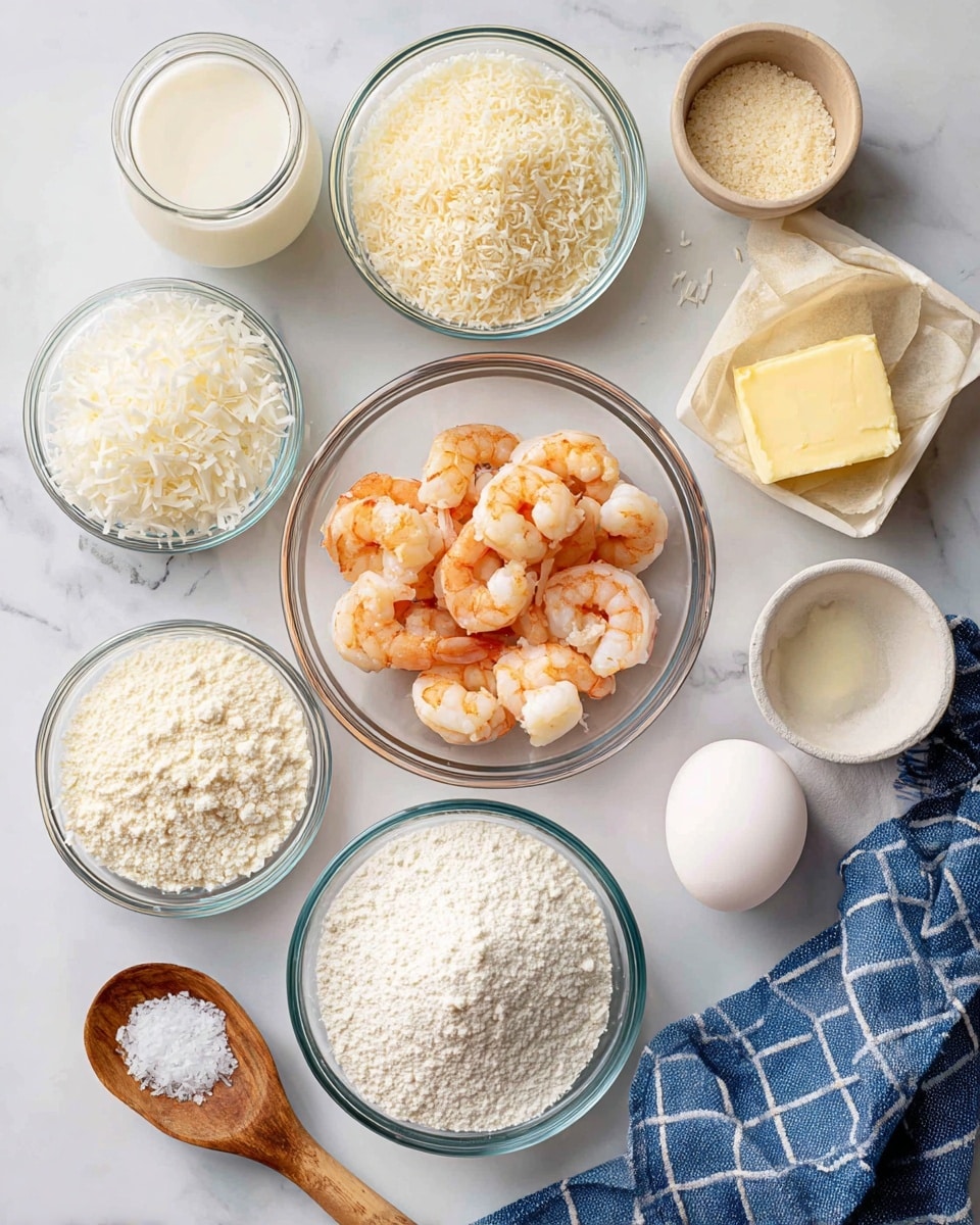 A white marbled surface holds several clear glass bowls arranged in a loose circular shape, each filled with different ingredients: shredded off-white coconut flakes at the top left, light beige panko crumbs at the top right, white flour at the bottom left, and pale pinkish-orange cooked shrimp with tails at the center. Nearby, there is a small bowl of melted pale yellow butter on the right side, a small clear container with white milk on the left side, an uncracked white egg placed at the bottom center, and a wooden spoon filled with coarse white salt to the right of the egg. A blue and white checkered cloth is visible at the bottom left corner. photo taken with an iphone --ar 4:5 --v 7