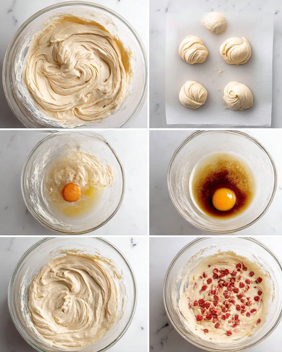 The image shows six steps of mixing a light beige dough in a clear glass bowl on a white marbled surface. The first frame has thick, creamy batter spread inside the bowl with swirled textures. The second frame shows small dollops of batter spaced apart on white marbled paper. The third frame has smooth batter with a swirled pattern in the bowl. The fourth frame shows the batter with an egg yolk and dark vanilla liquid on top. The fifth frame shows the batter mixed smoothly again, thicker and creamy. The last frame has the dough mixed with small, chopped red strawberry pieces integrated evenly. photo taken with an iphone --ar 4:5 --v 7
