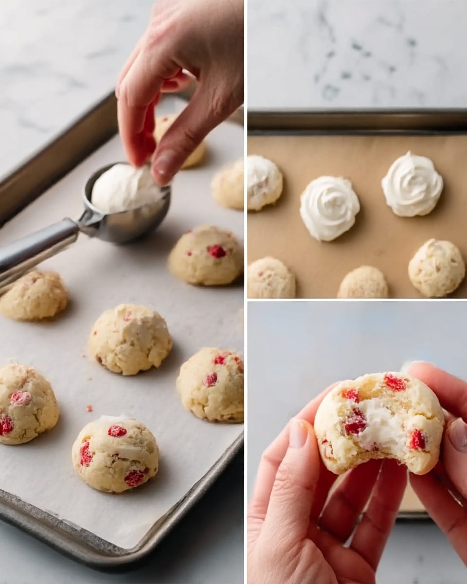 The image shows three steps of preparing cookies with dried strawberries on a white marbled surface. On the left, a woman's hand presses a small metal scoop into round dough pieces with red dried strawberry bits on a baking tray lined with parchment paper. In the middle, spoonfuls of white cream are placed on top of the round dough pieces evenly spaced on the baking tray. On the right, a close-up shows two woman's hands holding a light-colored cookie with visible red dried strawberry pieces inside, showing its soft texture as it is gently pulled apart. Photo taken with an iphone --ar 4:5 --v 7