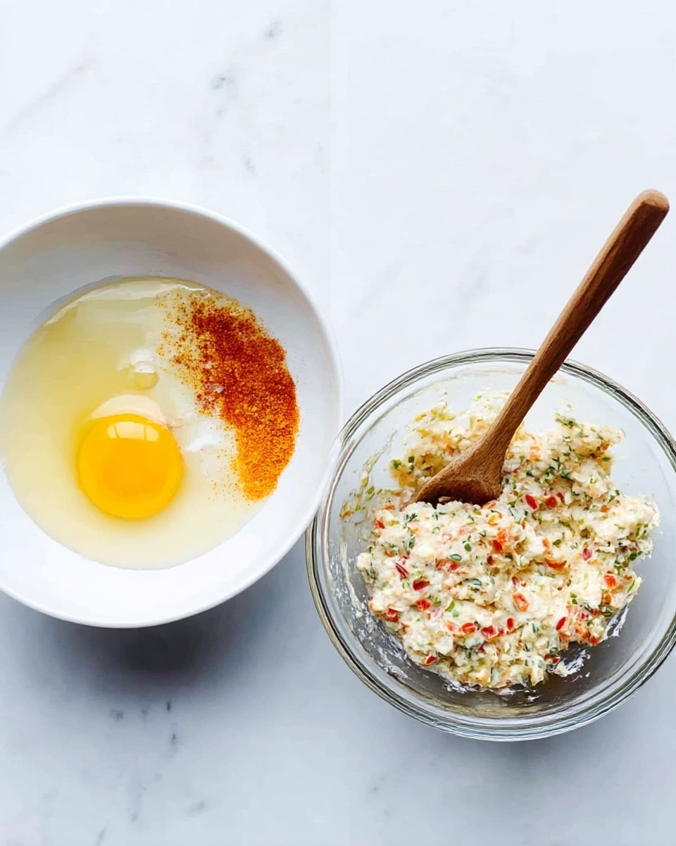 The image shows two bowls on a white marbled surface. The left bowl is white and contains separate ingredients: a bright yellow egg yolk, white creamy sauce, and red-orange spices, all resting on a smooth base. The right bowl is clear glass and filled with a mixed creamy mixture, dotted with small pieces of red and green vegetables, giving a textured and colorful look. A wooden spoon rests inside the glass bowl, partially submerged in the mixture. photo taken with an iphone --ar 4:5 --v 7