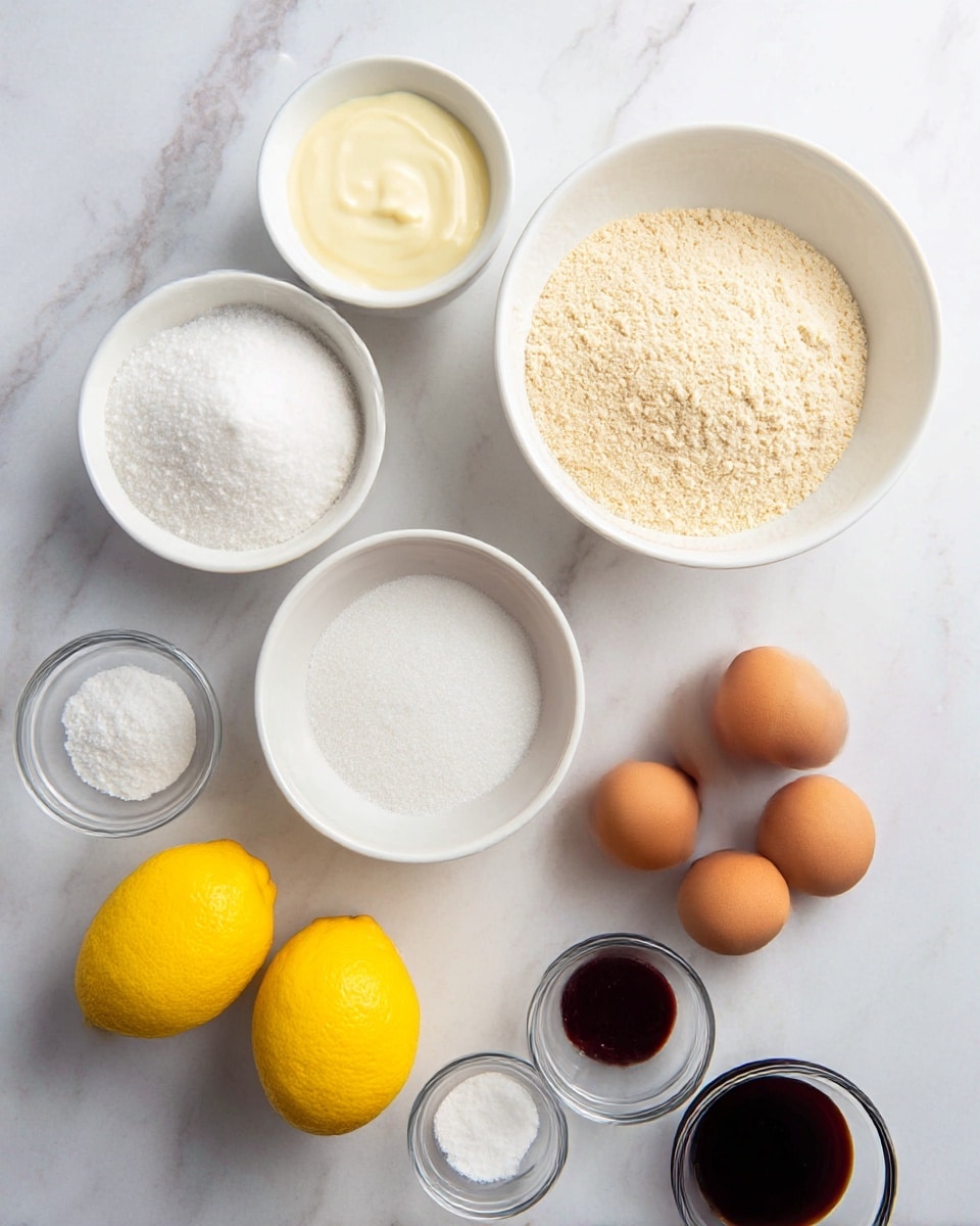 A top-down view of several ingredients for baking arranged neatly on a white marbled surface. On the top right, a large white bowl holds a fine beige powder. To its left, a smaller white bowl contains a creamy white substance. Below these, a medium white bowl is filled with granulated white sugar. To the bottom right, four brown eggs are placed close together. On the bottom left are two whole bright yellow lemons, and nearby are three small clear bowls containing white granulated salt, white powder, and dark brown liquid. The photo taken with an iphone --ar 4:5 --v 7