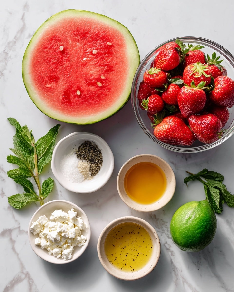 A bright red watermelon half with a thin green rind sits on a white marbled surface. Next to it, a clear glass bowl holds fresh, whole strawberries with green leaves. Nearby, several white ceramic bowls contain ingredients including white crumbly feta cheese, salt and black pepper mix, golden honey, and golden olive oil. There is also a whole green lime and fresh green mint leaves arranged on the side. The scene is well lit, showing clear details of each ingredient, all placed neatly on the white marbled background photo taken with an iphone --ar 4:5 --v 7
