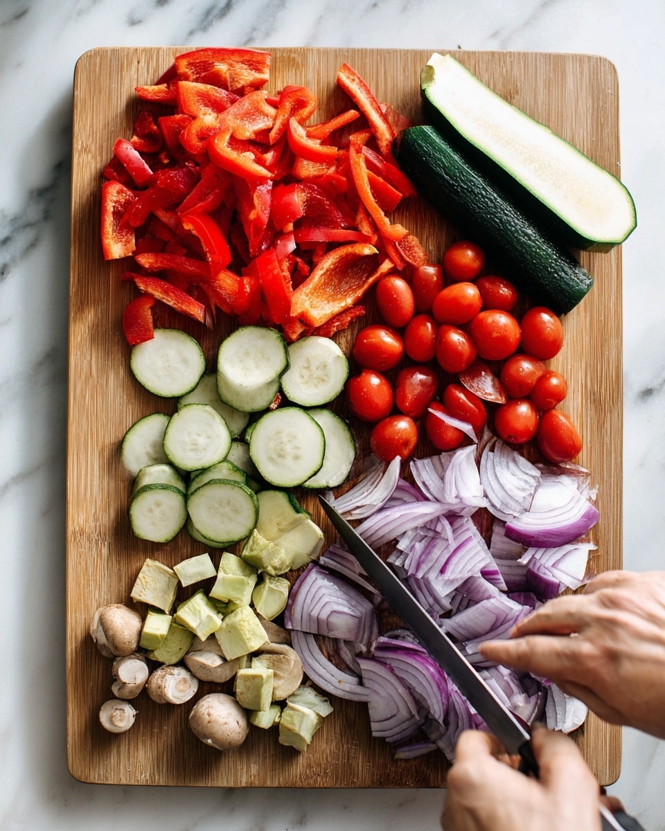 A cutting board on a white marbled surface holds several colorful vegetables. At the top left, there are many bright red bell pepper strips with a rough texture. Next to them, slightly above the center, is a partially sliced green zucchini being cut by a pair of woman's hands holding a knife, revealing pale green circular slices. Below the zucchini are many small shiny red grape tomatoes. On the bottom right, there are thick rings of purple-red onion showing concentric layers. At the bottom left, there are diced pieces of pale green eggplant with a bit of dark purple skin. Scattered near the center left are small, round beige mushrooms with a smooth matte texture. Photo taken with an iphone --ar 4:5 --v 7