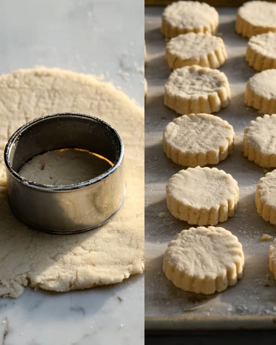 The image shows two close-up scenes: on the left, a white marbled surface with dough rolled out flat, a round metal biscuit cutter partially pressed into the dough, and a round dough piece with textured edges already cut out nearby; on the right, multiple small round dough biscuits with scalloped, crimped edges arranged spaced apart on a baking sheet lined with parchment paper, ready to be baked. photo taken with an iphone --ar 4:5 --v 7