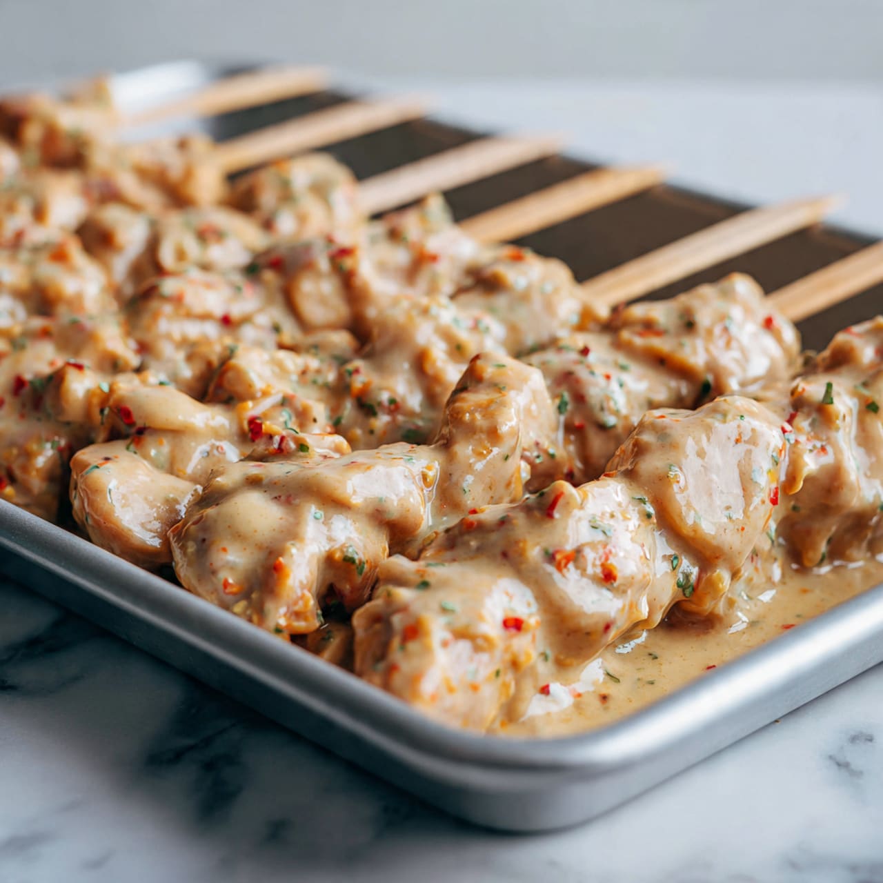 The image shows several wooden skewers lined up closely on a metal tray. Each skewer holds multiple pieces of raw chicken coated in a thick, creamy sauce that is light beige with hints of orange and spices. The chicken pieces are chunky and packed tightly, with the sauce dripping slightly around the tray edges. The metal tray's surface has a subtle shine and the background is a white marbled texture. Photo taken with an iphone --ar 4:5 --v 7