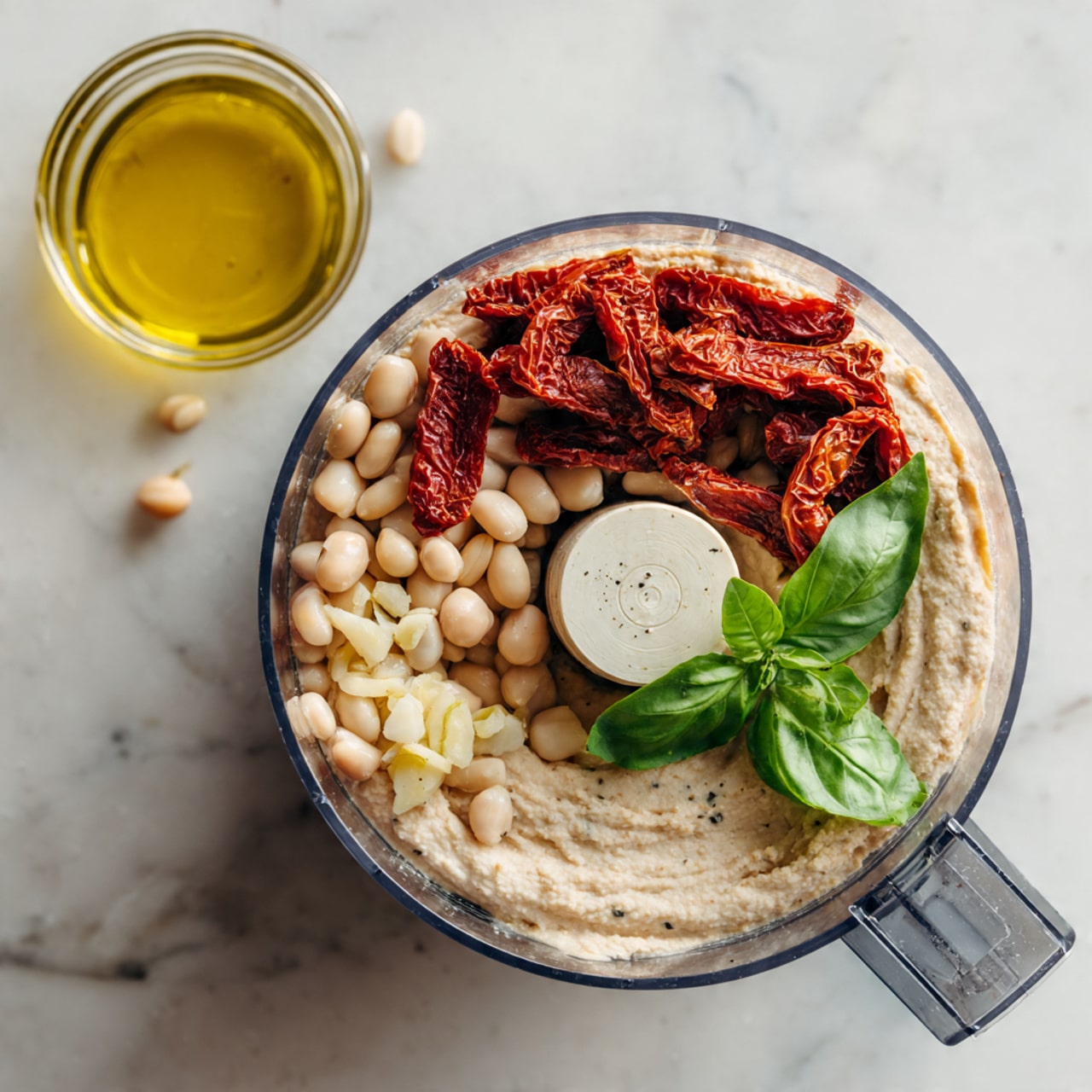 The image shows a clear food processor on a white marbled surface. Inside the processor, the first layer is a mix of light beige white beans with small bits of minced garlic scattered on top. The second part inside the processor shows a creamy light beige bean puree with a small pile of deep red sun-dried tomato strips and two fresh bright green basil leaves placed on top. Nearby is a small clear glass container with golden olive oil. Photo taken with an iphone --ar 4:5 --v 7