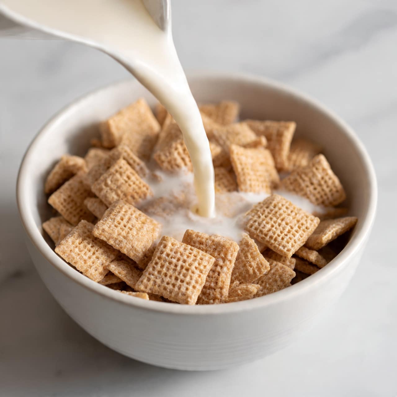 A white bowl filled almost to the top with square-shaped, light brown cereal pieces that have a woven look is shown. A thick, white liquid is being poured from above onto the cereal, spreading evenly over the top layer. The scene sits on a white marbled surface with soft, natural lighting that highlights the texture of both the cereal and the creamy liquid. photo taken with an iphone --ar 4:5 --v 7