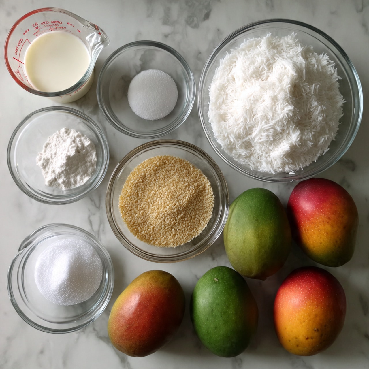 The image shows a white marbled surface with eight clear glass bowls and three whole mangoes arranged in a neat layout. Starting from the top left, there is a glass measuring cup with white coconut milk, next to it is a bowl filled with white, shredded coconut flakes. Below them, a clear container holds white granulated sugar, and next to this are two smaller glass containers, one with white salt and the other with a very light beige powder. There is also a small bowl filled with a light brown, rough-textured powder, possibly sesame seeds. To the right of all these bowls sit three whole ripe mangoes, showing a mix of green and reddish-yellow skin. At the bottom left of the image, there is a nearly empty glass measuring cup with a small amount of clear water visible. photo taken with an iphone --ar 4:5 --v 7
