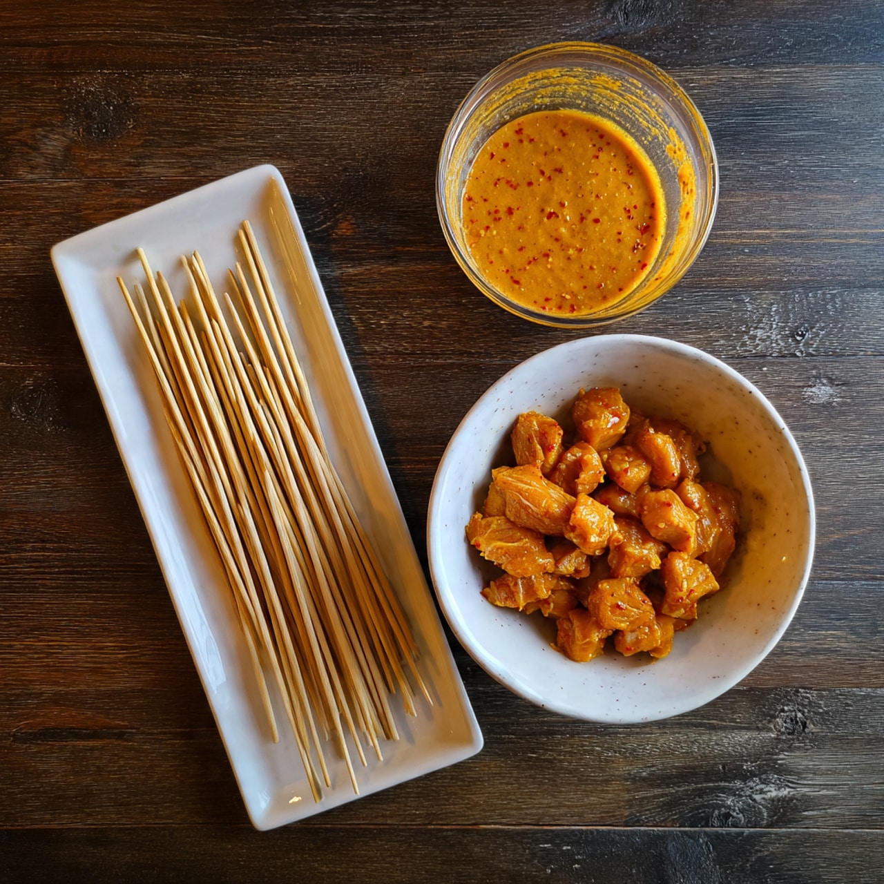 The image shows a top view of three objects on a dark wooden surface replaced with a white marbled texture: on the left, a white rectangular tray holding several long, thin, light brown wooden skewers lined up neatly; on the right, a white round bowl filled with small chunks of raw chicken coated in a reddish-orange marinade with visible spices; above this bowl, a smaller clear glass bowl containing a smooth, thick, pale orange sauce with tiny red specks. photo taken with an iphone --ar 4:5 --v 7