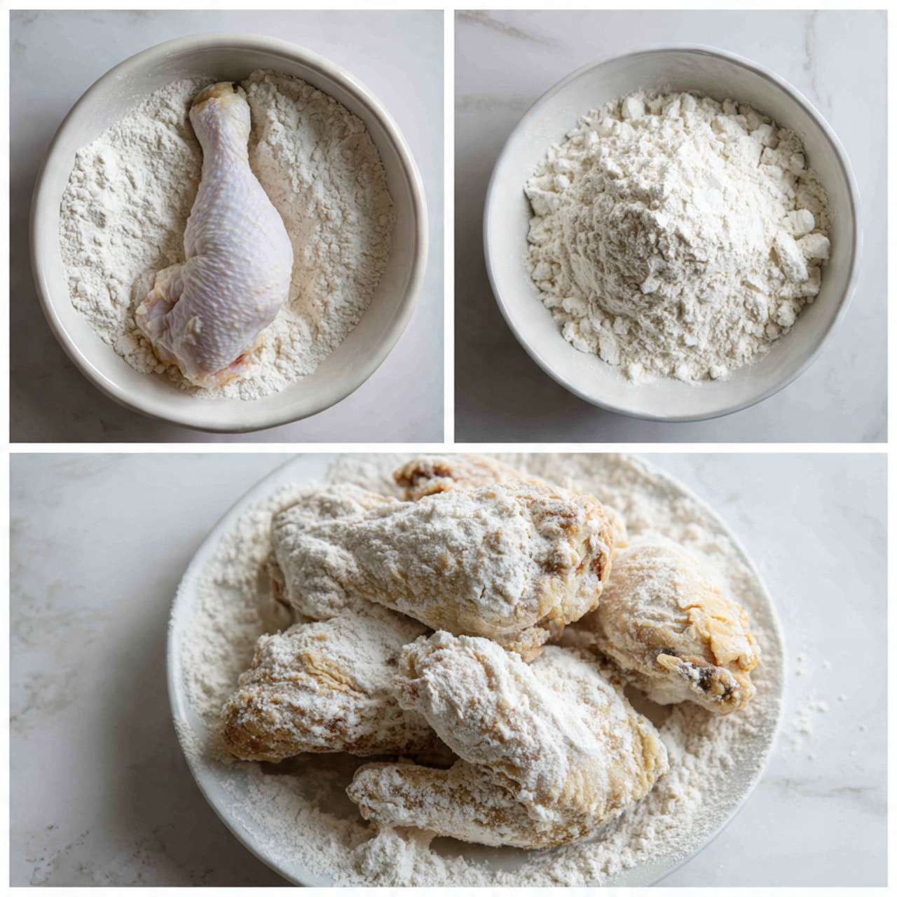 The image shows three steps of preparing fried chicken on a white marbled surface. The first part displays a single raw chicken drumstick partly covered in white flour inside a round bowl filled with more white flour. The second part shows two raw chicken pieces fully covered in white flour lying side by side in the same bowl. The third part shows several pieces of chicken fully coated in a thick layer of flour, piled up on a white plate, with scattered flour around on the surface. The flour looks powdery and textured, and the chicken pieces are irregularly shaped with a rough flour coating photo taken with an iphone --ar 4:5 --v 7