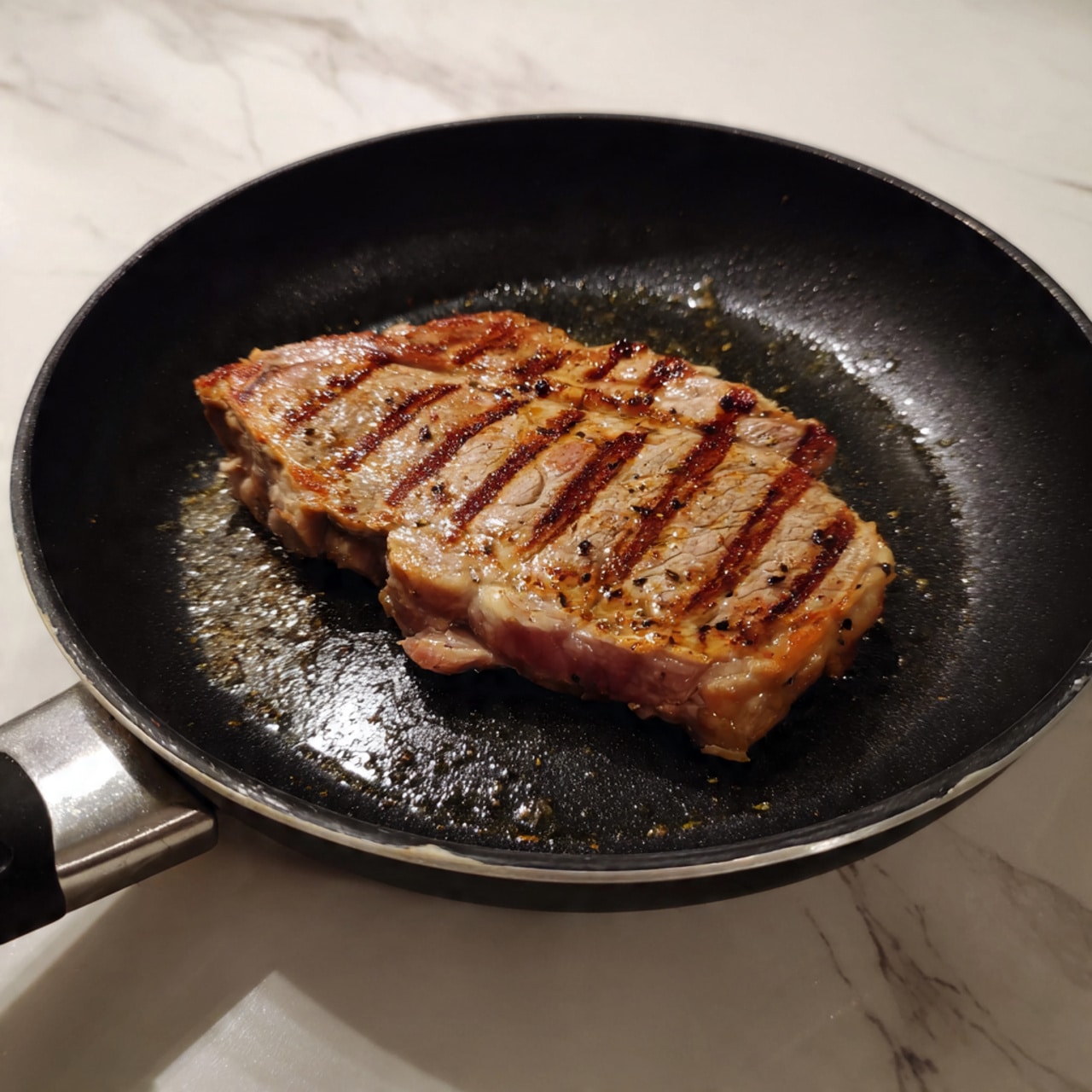 A single piece of cooked meat with clear brown grill marks lies flat in the center of a black frying pan. The meat has a juicy texture with a mix of light and dark brown colors showing the cooking. The pan sits on a white marbled surface, and the handle of the pan is partly visible at the bottom left. Photo taken with an iphone --ar 4:5 --v 7