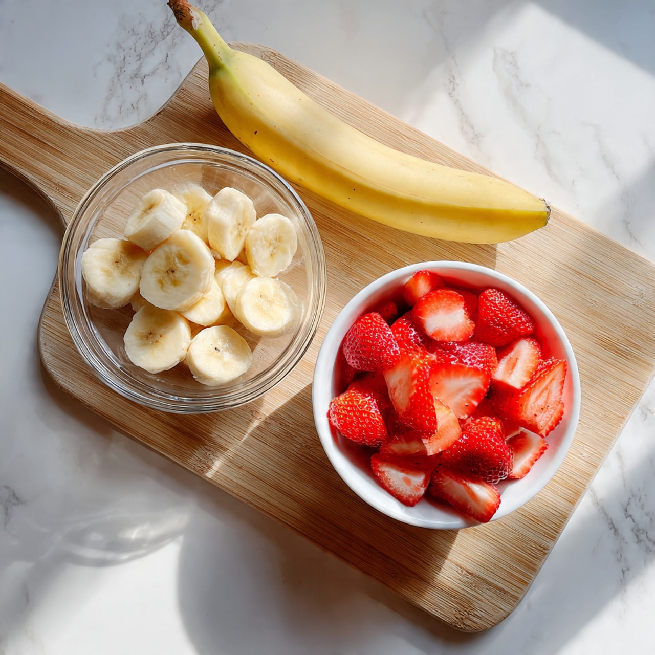 A small white bowl filled with bright red, sliced strawberries sits on the right side of a light wood cutting board with a handle. To its left is a clear glass bowl full of pale yellow banana slices, with some slices scattered on the cutting board around it. Above the glass bowl, there is a peeled half banana resting on the cutting board. The scene is set on a white marbled surface, and the light is soft and natural, highlighting the fresh fruit textures. photo taken with an iphone --ar 4:5 --v 7