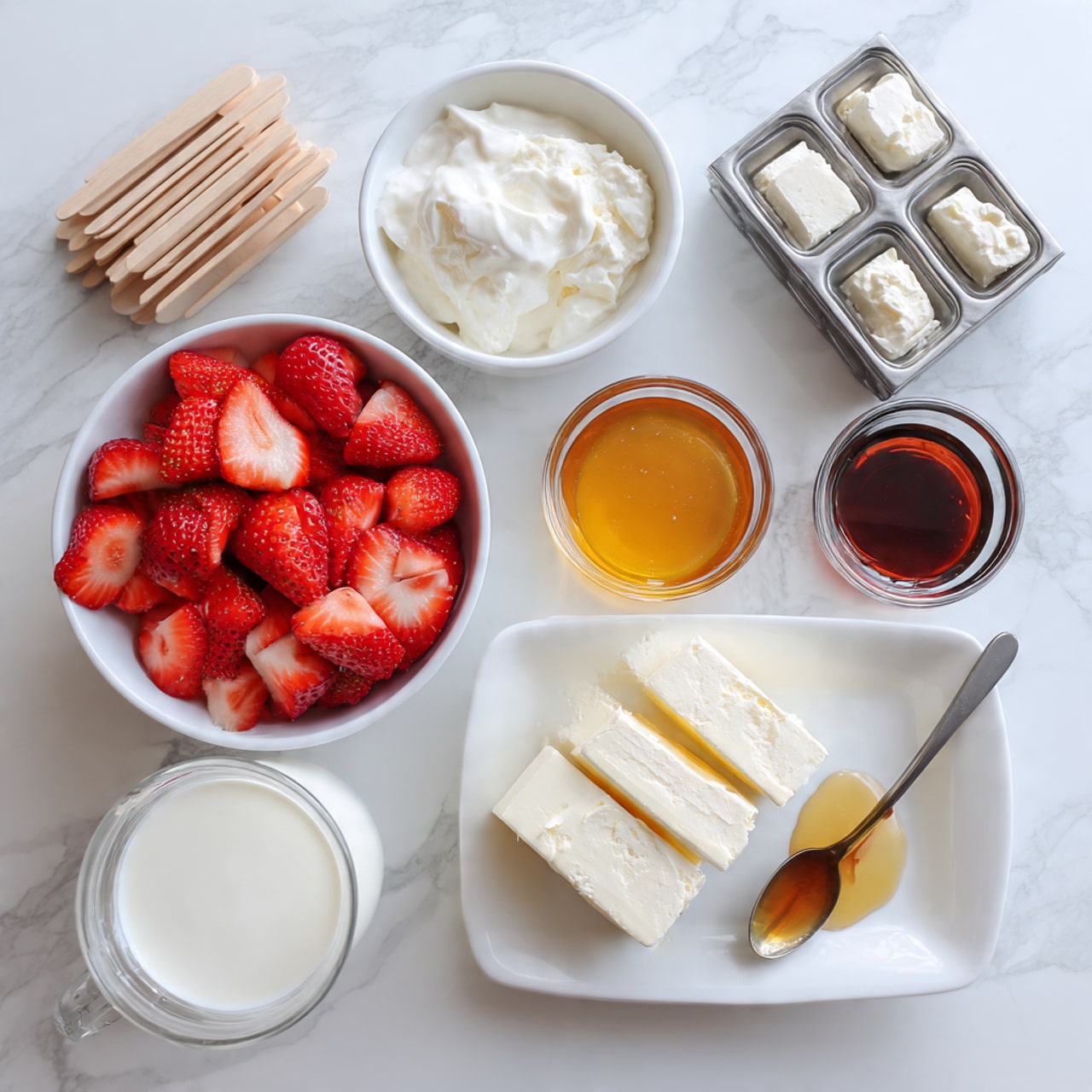 A white bowl filled with fresh, sliced strawberries sits at the bottom left, showing bright red and textured fruit pieces. Above it, a white bowl contains smooth, thick Greek yogurt with a soft, creamy look. To the right, a white plate holds a rectangle of cream cheese with a soft, firm texture next to a spoon filled with golden honey or another sweetener. Below the plate is a glass with white milk, partially visible. Nearby, a small clear glass container holds dark brown vanilla extract. At the top left, a small pile of wooden popsicle sticks rests on a white marbled surface next to a metal popsicle mold with rectangular molds. The whole setup is placed on a bright white marbled texture background. Photo taken with an iphone --ar 4:5 --v 7